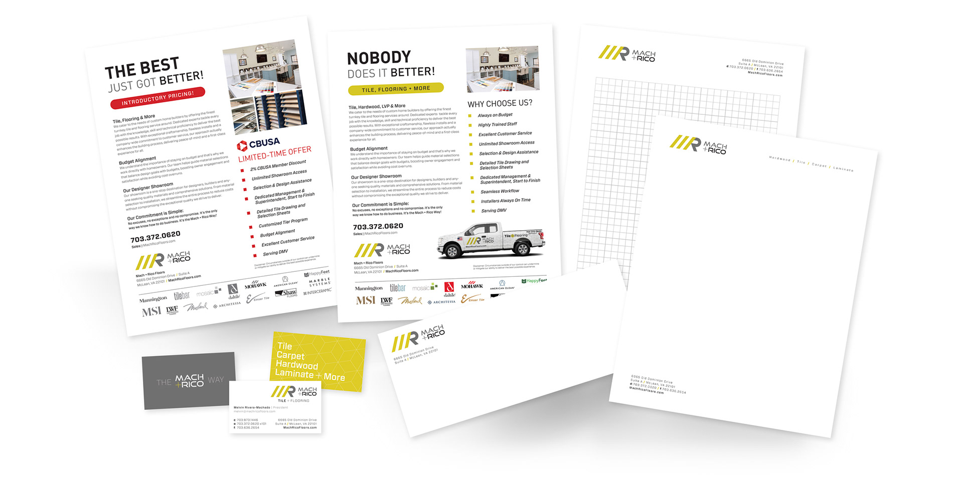 Mach + Rico brand collateral including sell sheets, business cards, letterhead, envelope and project grid sheet.