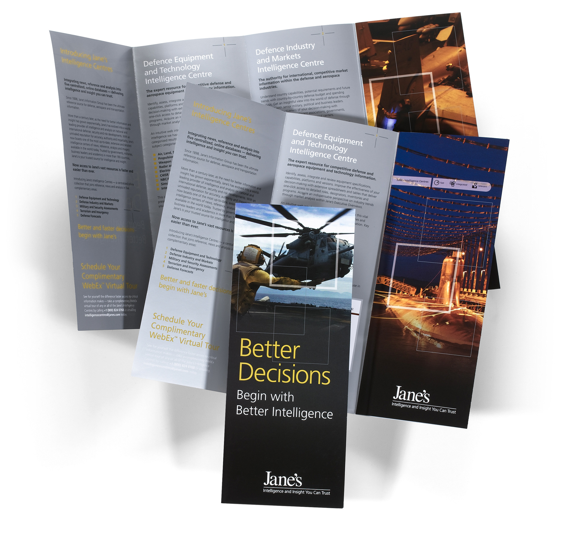 Jane’s Defence barrel-fold capabilities brochure showcasing the Intelligence Centres marketing campaign.
