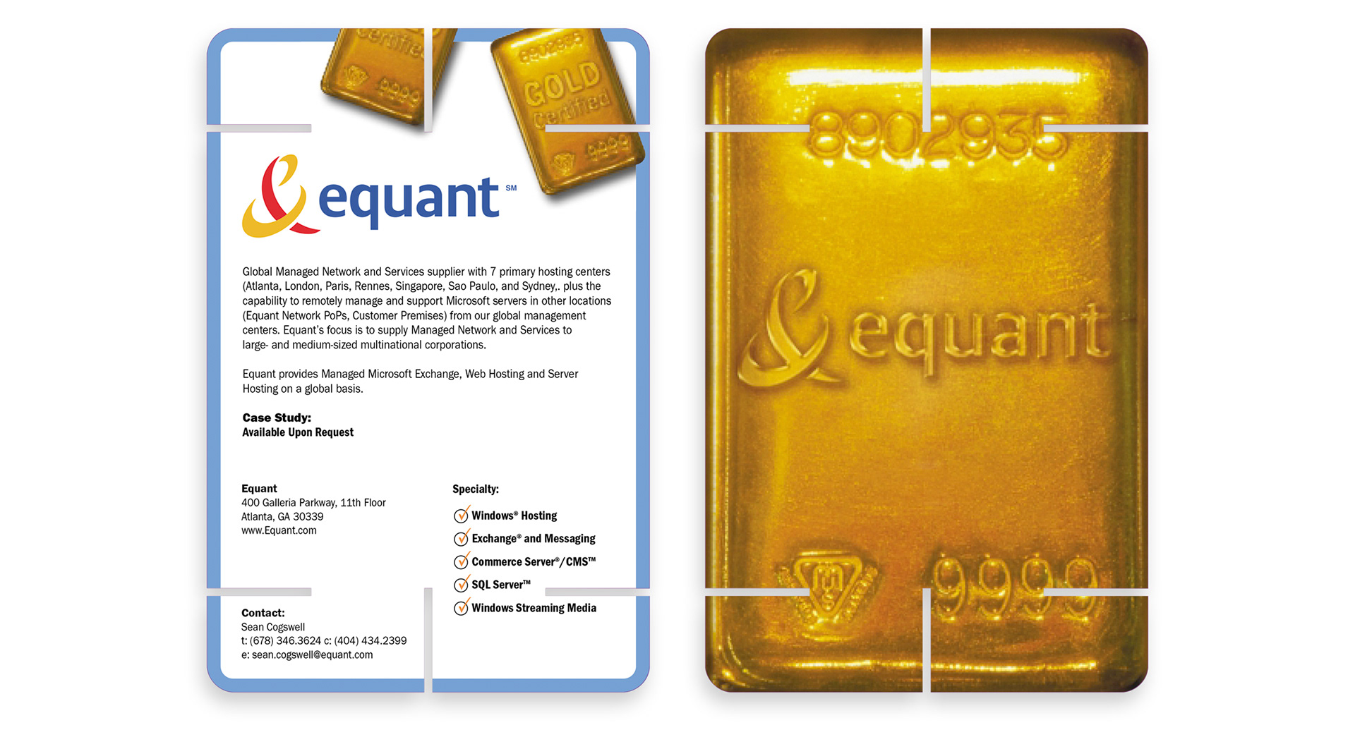 Microsoft Gold Certified Partner interlocking profile card for Equant with custom gold bar reverse.