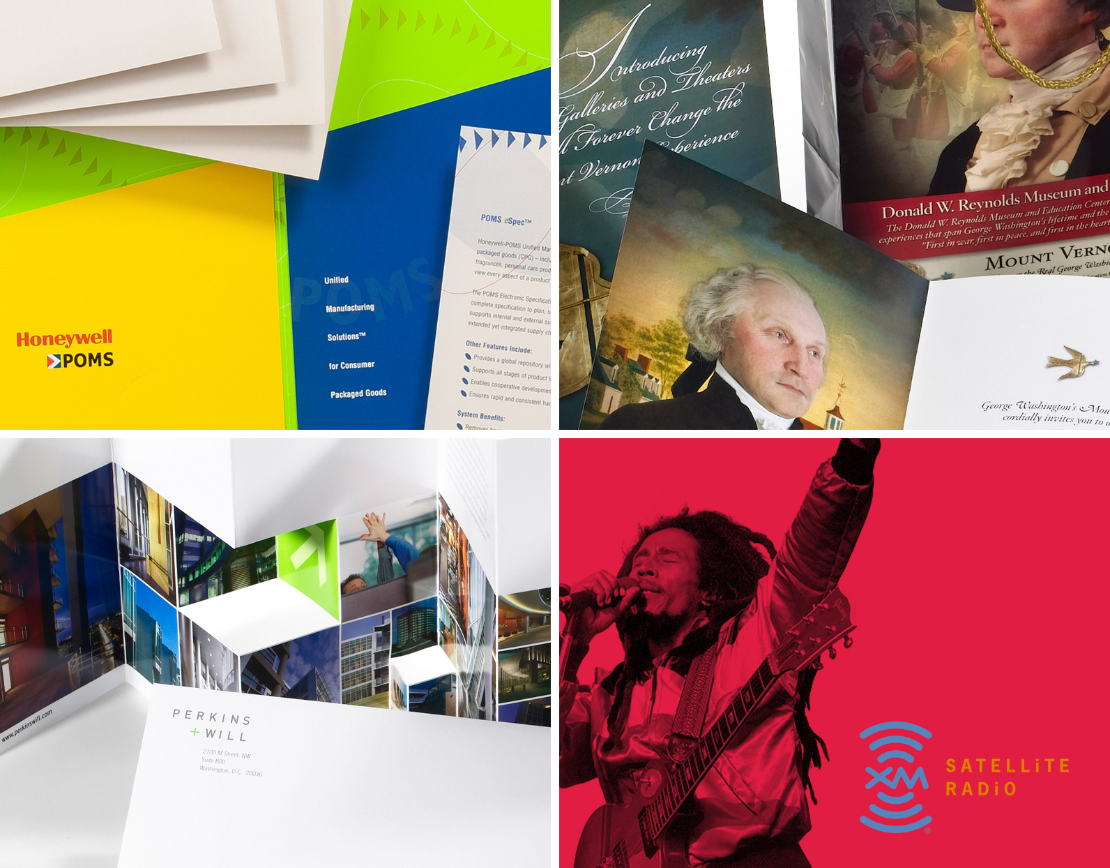 Starr Creative portfolio featuring Honeywell POMS collateral, Mount Vernon museum materials, Perkins+Will marketing collateral, and XM Satellite Radio advertising.