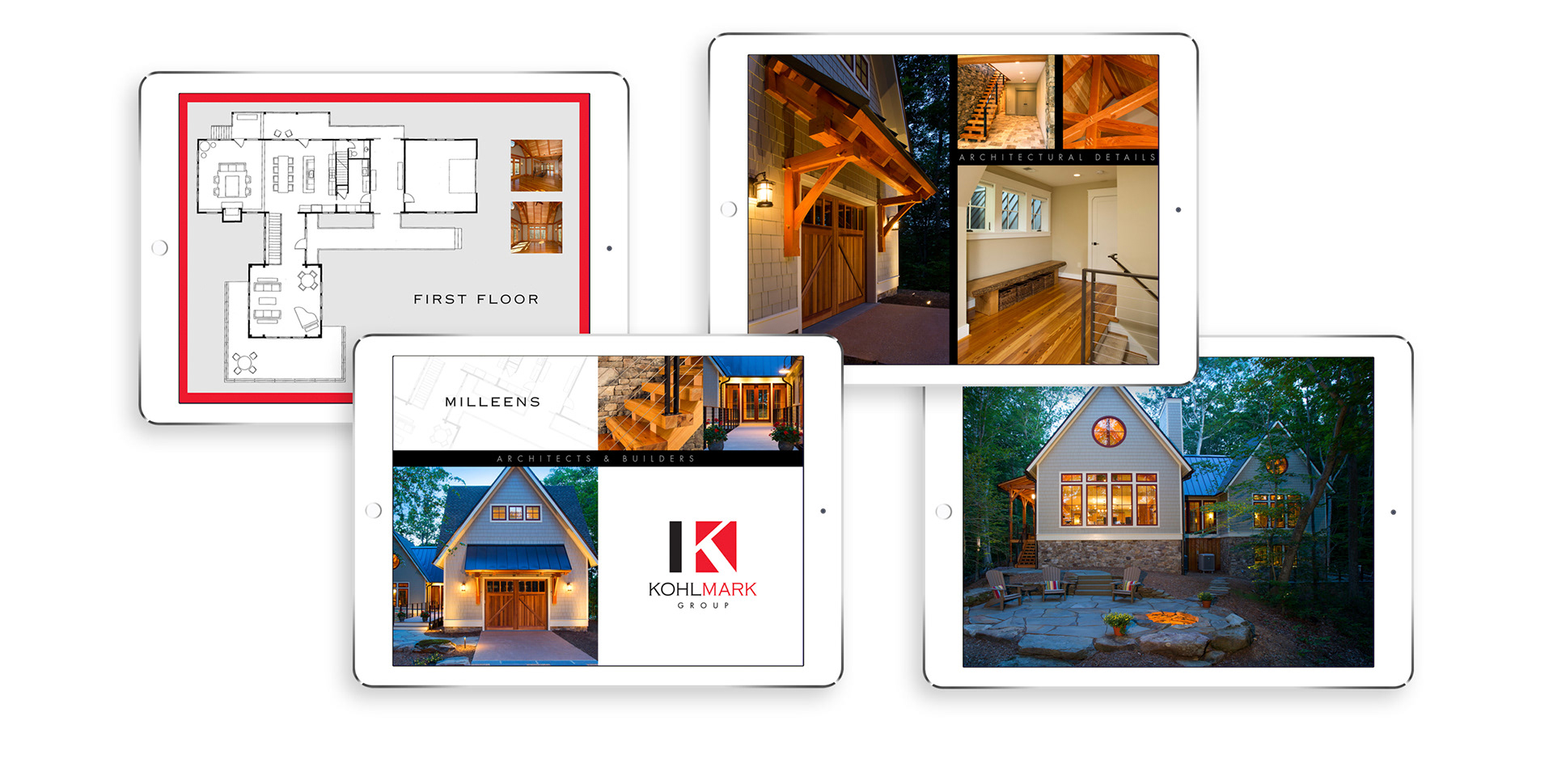 Kohlmark Group digital project flip books used for sales meetings and trade shows, featuring comprehensive project photography, architectural details, and floor plans.