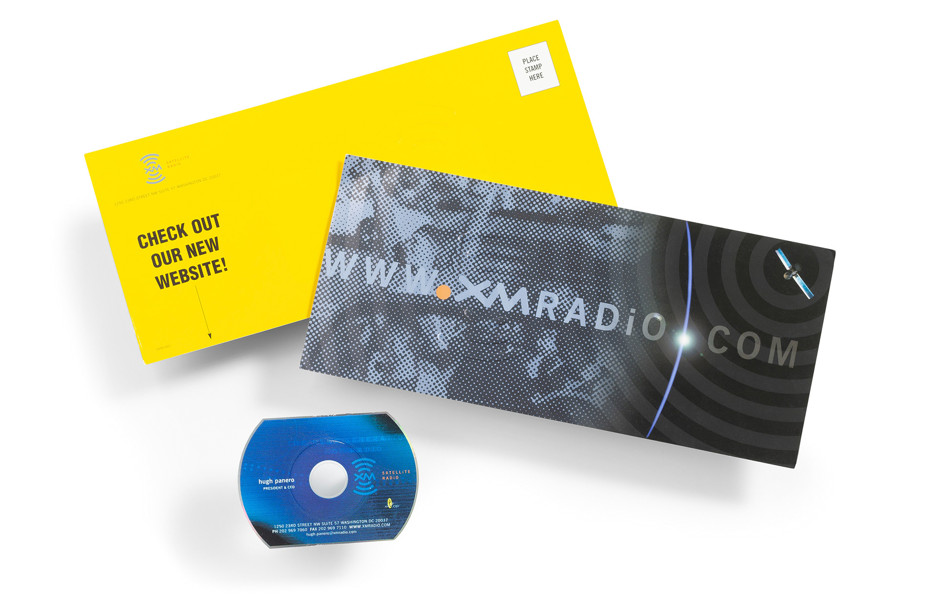 XM Satellite Radio website launch direct mailer and custom shaped-CD business card designed for CEO Hugh Panero.