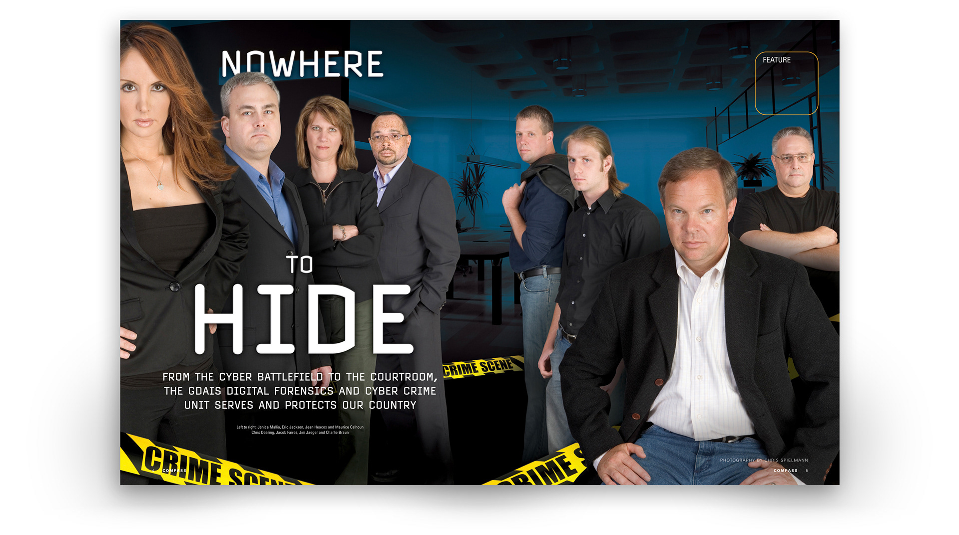 General Dynamics Compass magazine feature spread, ‘Nowhere to Hide,’ about digital forensics and cyber crime.