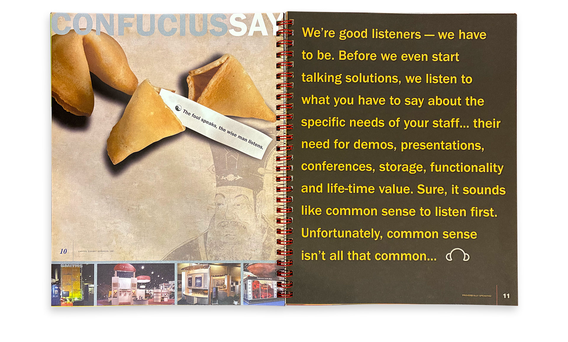 CESI Proverbially Speaking capabilities book spreads using proverbs, visual wordplay, custom photography, illustration, die cuts, and specialty printing.