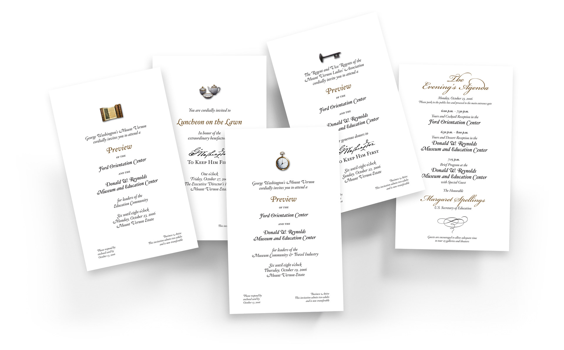 George Washington’s Mount Vernon event invitation series for the Ford Orientation Center and Donald W. Reynolds Museum and Education Center, including preview, luncheon, grand opening, and evening event invitations.