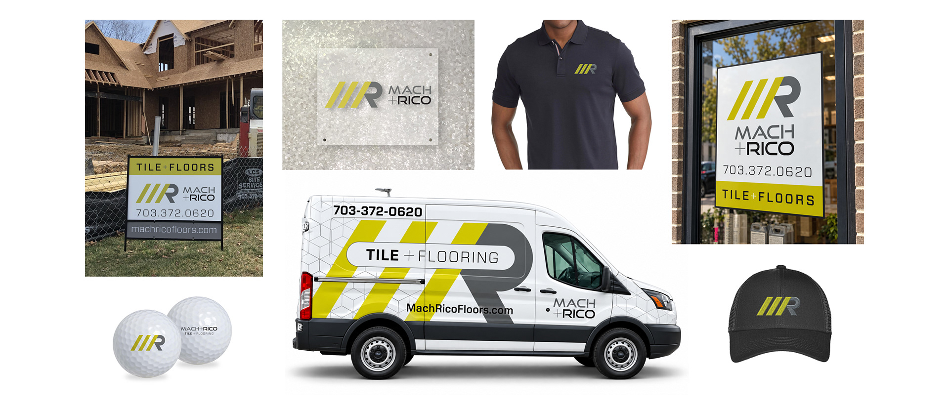 Mach + Rico brand applications including job site and office signage, vehicle graphics, branded apparel and promotional items.