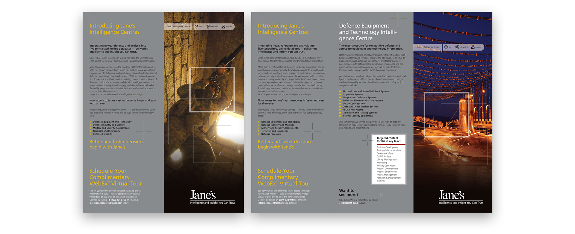 Jane’s Defence barrel-fold brochure partially opened to reveal Intelligence Centre capabilities and supporting imagery.