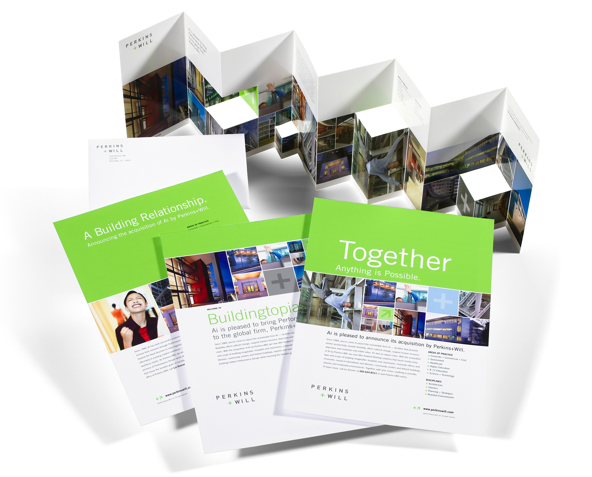 Perkins+Will advertising and direct mail campaign announcing its acquisition of Washington, DC architecture and interior design practice Ai.