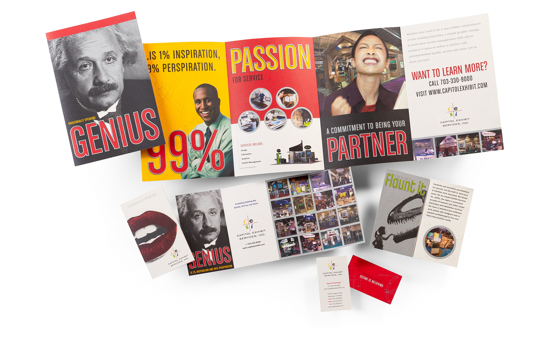 CESI Proverbially Speaking campaign materials including a four-panel brochure, wallet-size promotional card with business card holder, and coordinated business card.
