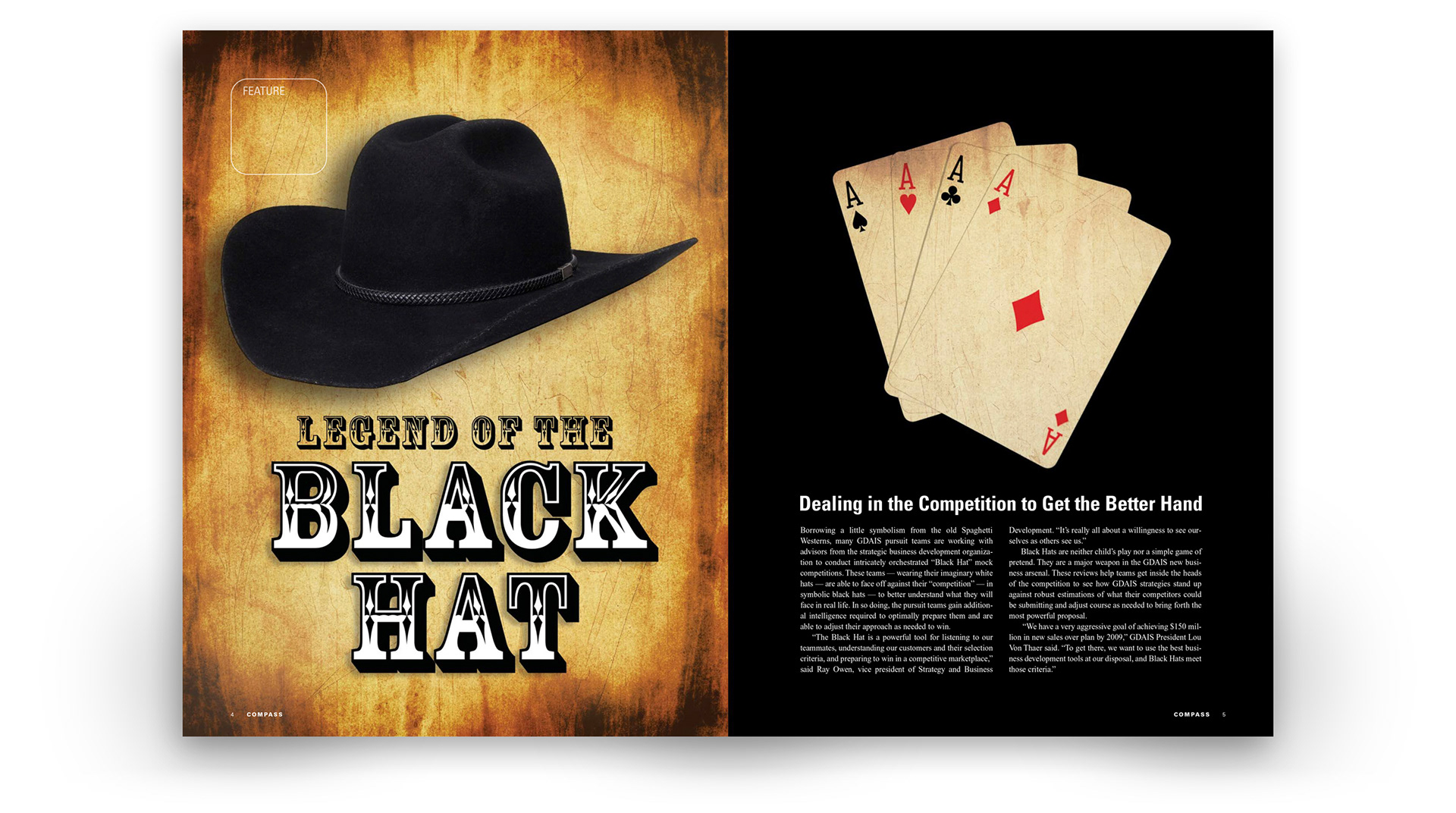 General Dynamics Compass magazine editorial spread, ‘Legend of the Black Hat,’ featuring competitive business strategy.