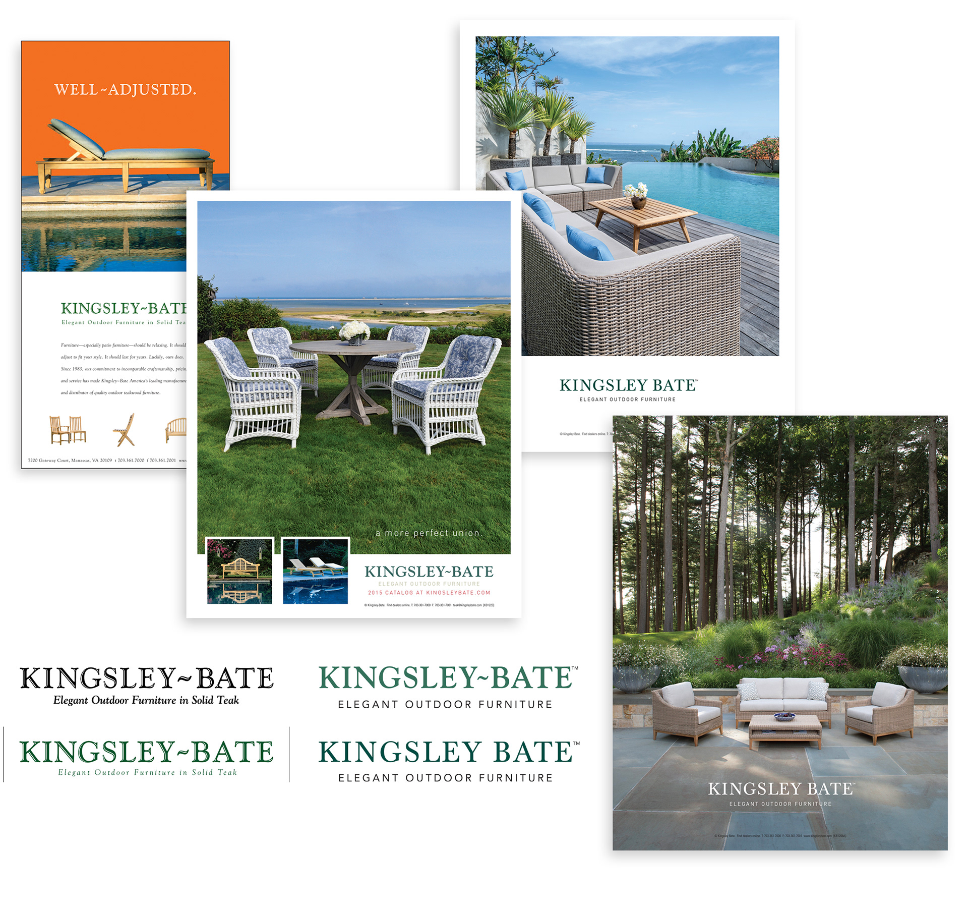 Kingsley Bate advertising and logo evolution featuring outdoor furniture campaigns and brand identity designs.
