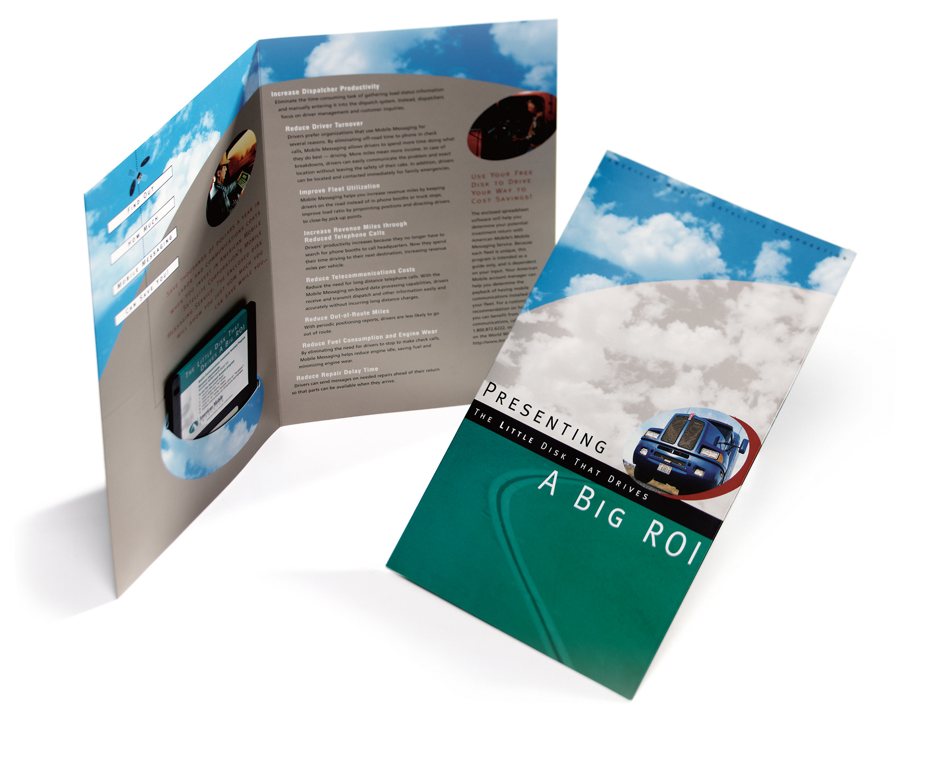 American Mobile Satellite direct mail campaign promoting mobile messaging for the trucking industry, including a custom software disk that calculated potential cost savings.