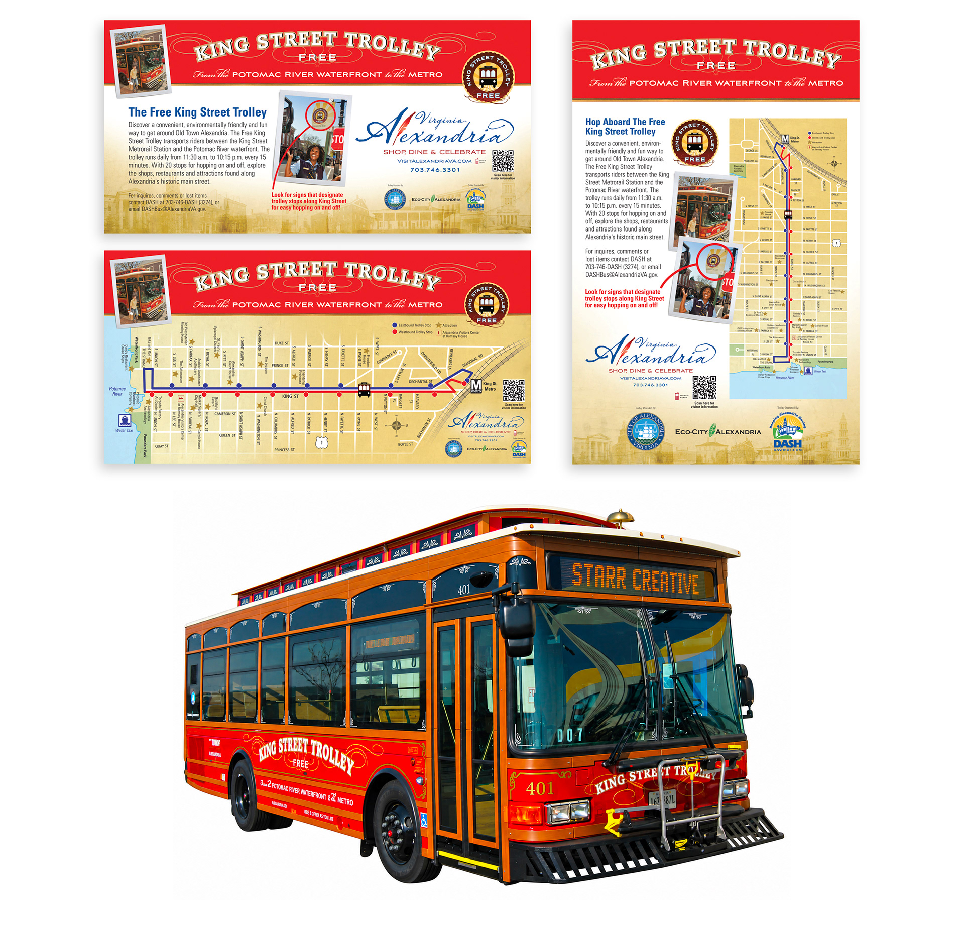 King Street Trolley branding and route maps for the free visitor transportation service in Old Town Alexandria, Virginia.
