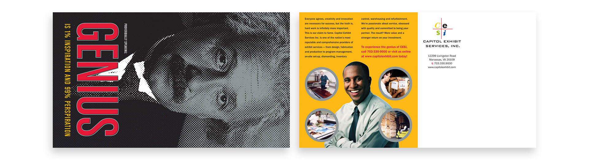 CESI Proverbially Speaking direct mailer featuring the Genius campaign concept and exhibition services messaging.