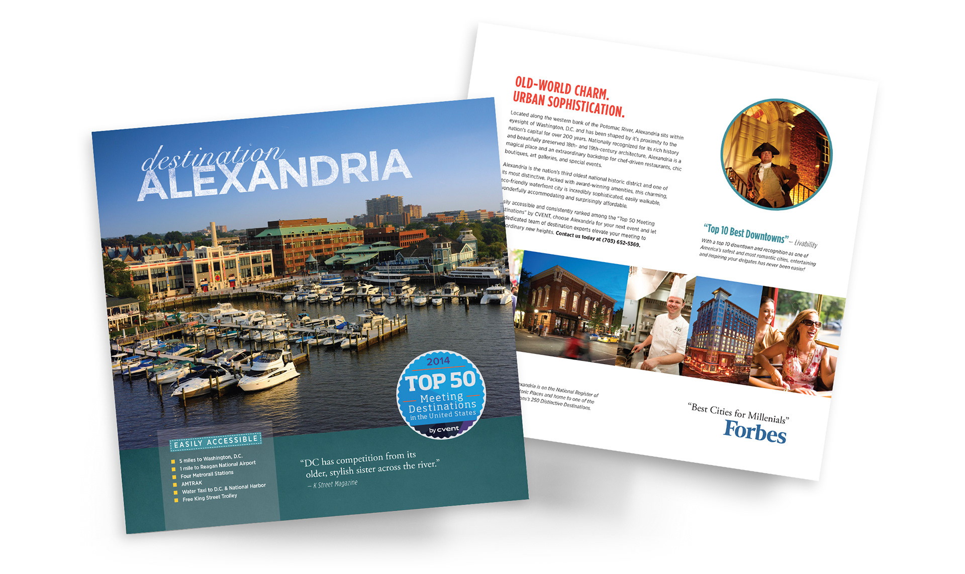Destination Alexandria brochure promoting Old Town Alexandria as a meetings and events destination, featuring waterfront access, hotels, dining, and attractions.