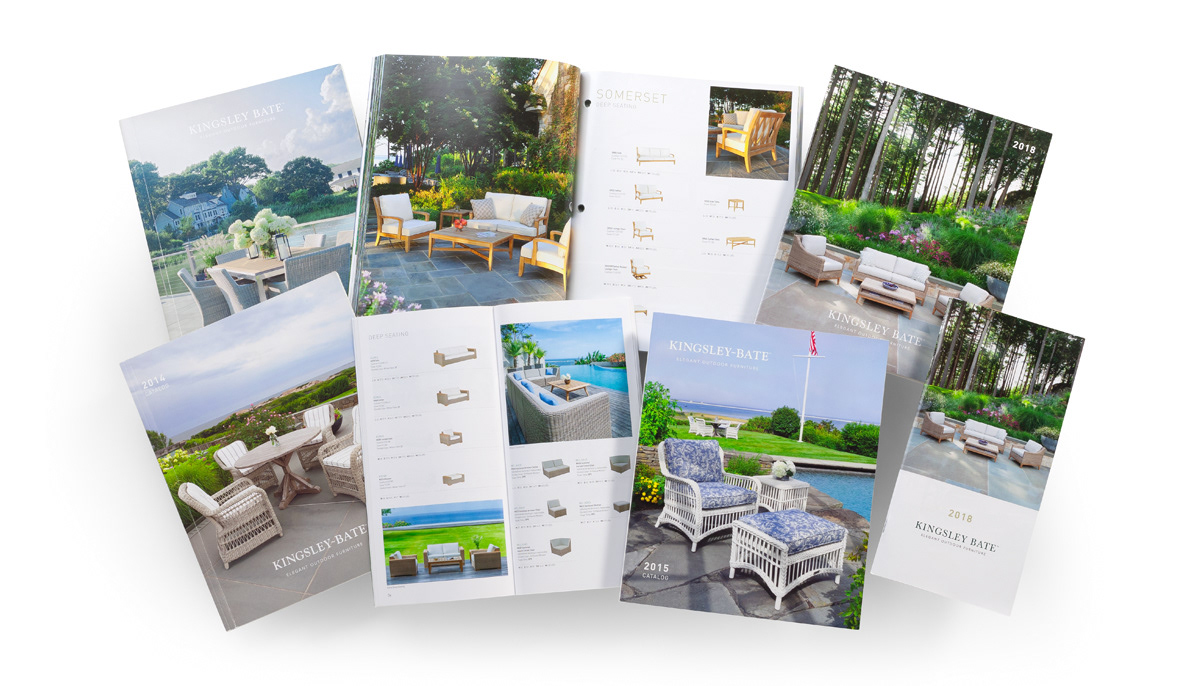 Kingsley Bate multi-year consumer and trade catalogs featuring luxury outdoor furniture collections.