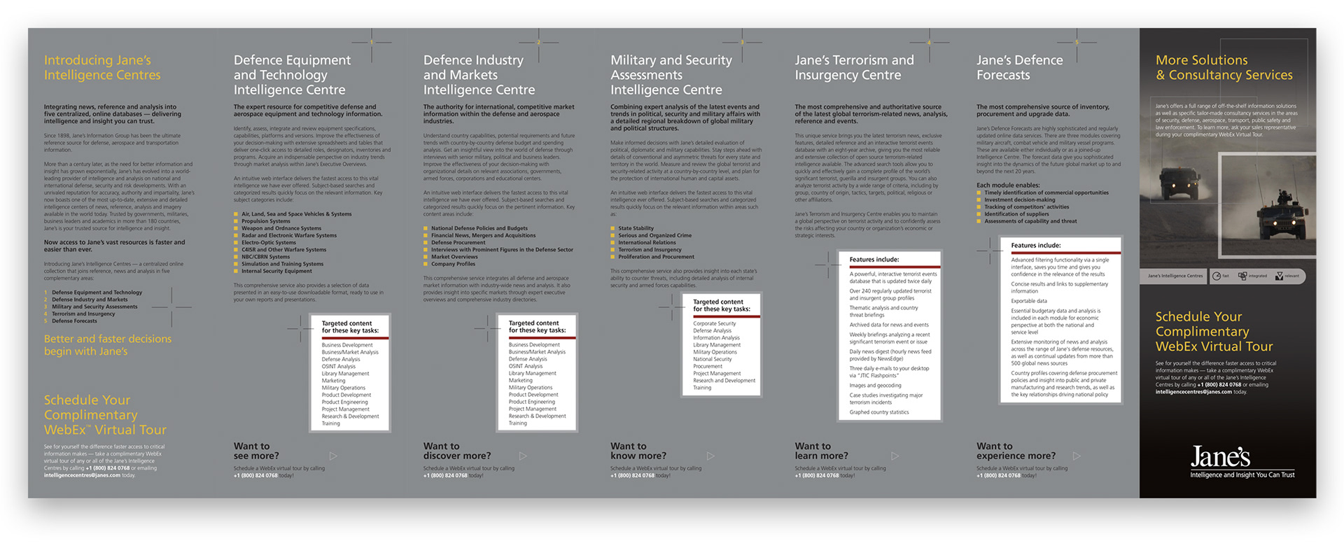 Fully unfolded Jane’s Defence barrel-fold capabilities brochure presenting five Intelligence Centres and consultancy services.