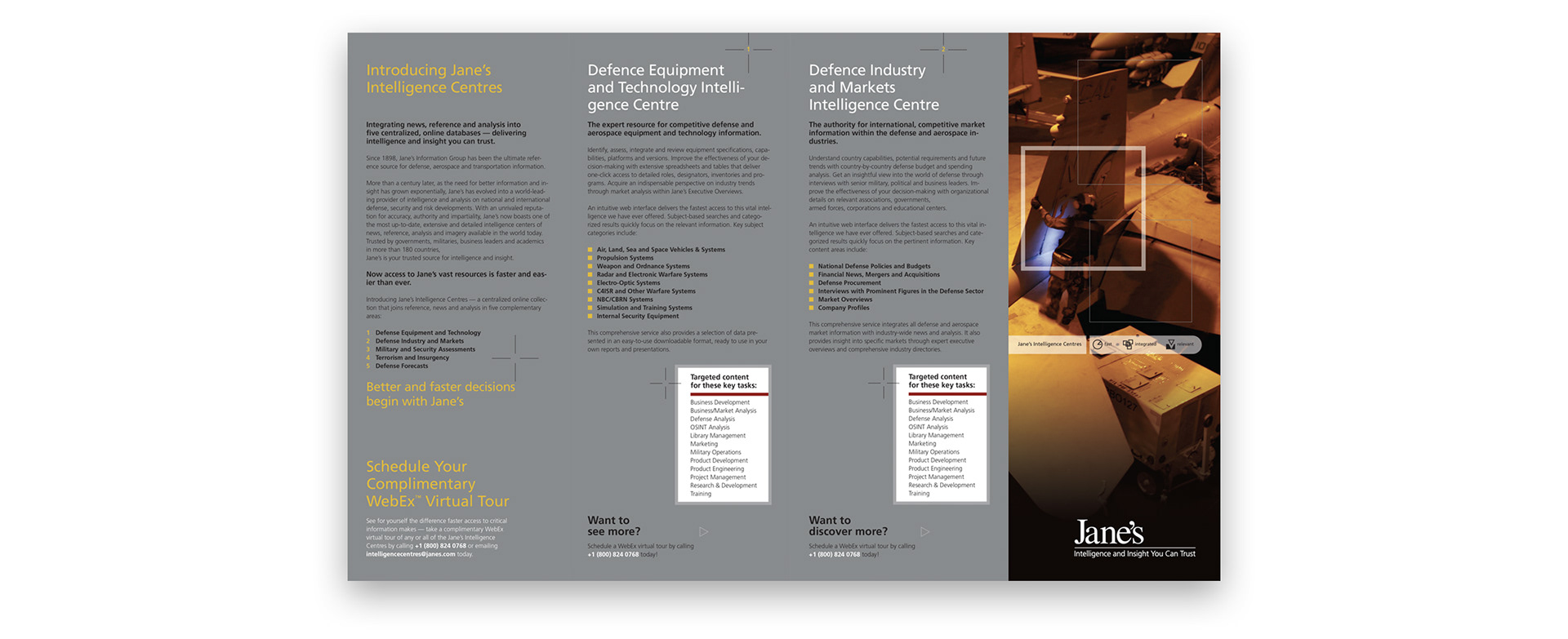 Jane’s Defence capabilities brochure unfolding to reveal additional Intelligence Centre service information.