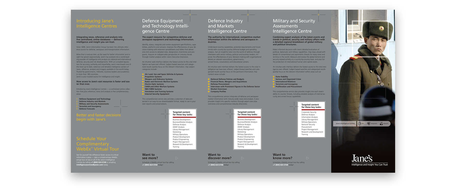Jane’s Defence barrel-fold brochure expanded to show three Intelligence Centre capability panels.
