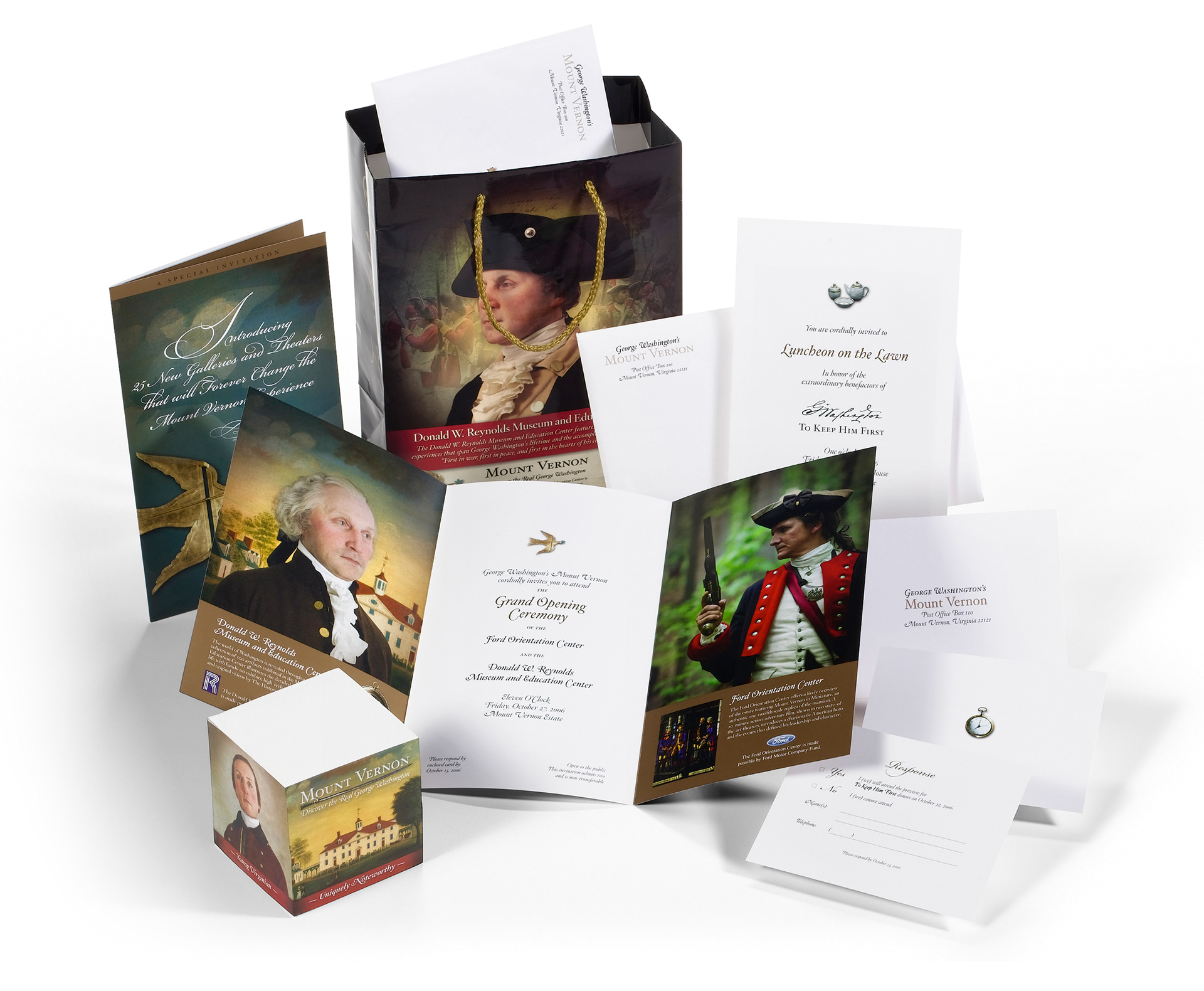 George Washington’s Mount Vernon invitation suite for the Ford Orientation Center and Donald W. Reynolds Museum and Education Center, including announcement mailer, invitations, RSVP card, notepad cube, and gift bag.