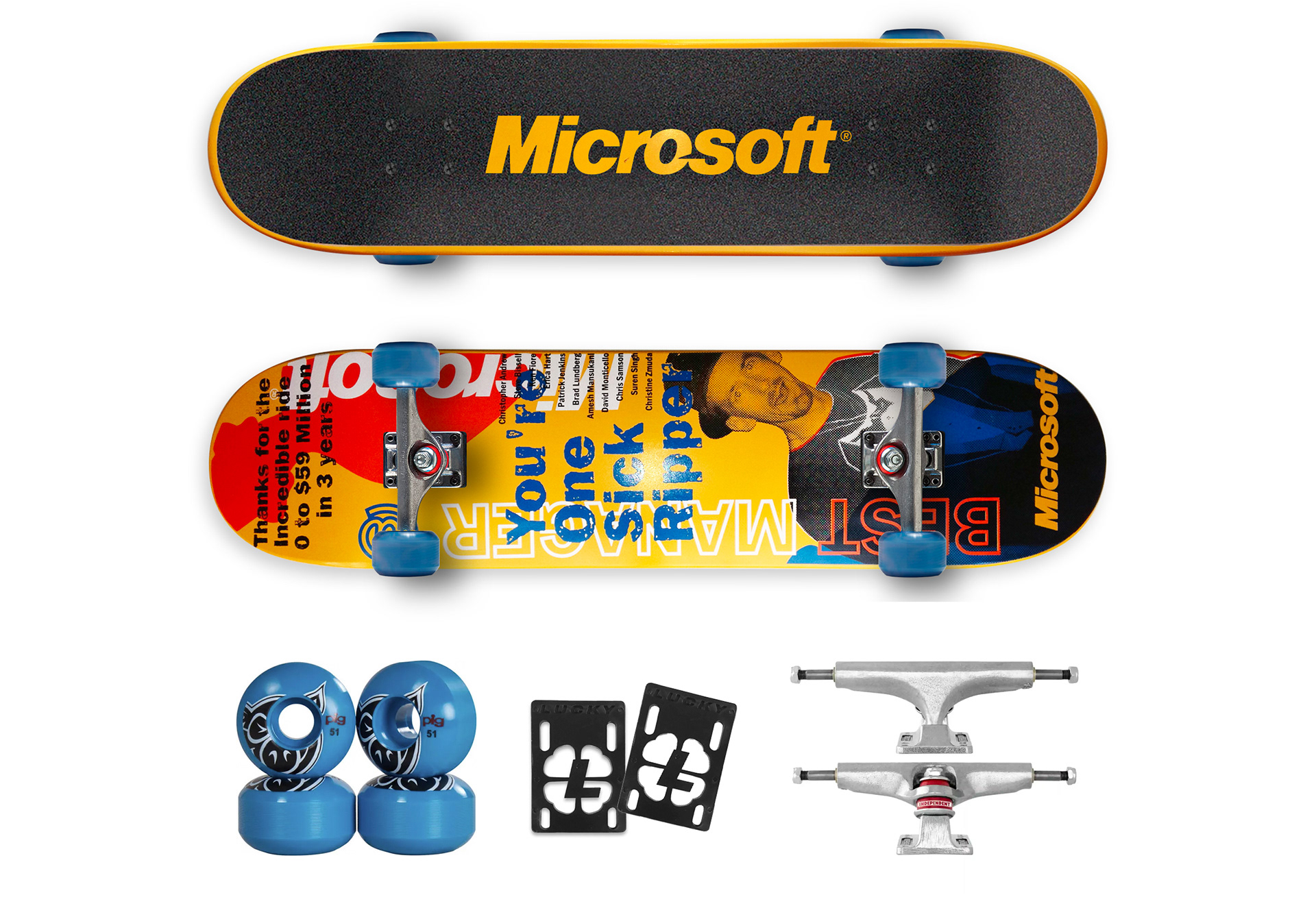 Custom screen-printed Microsoft skateboard created as a farewell gift for the team's departing manager, commemorating growth to $59 million.