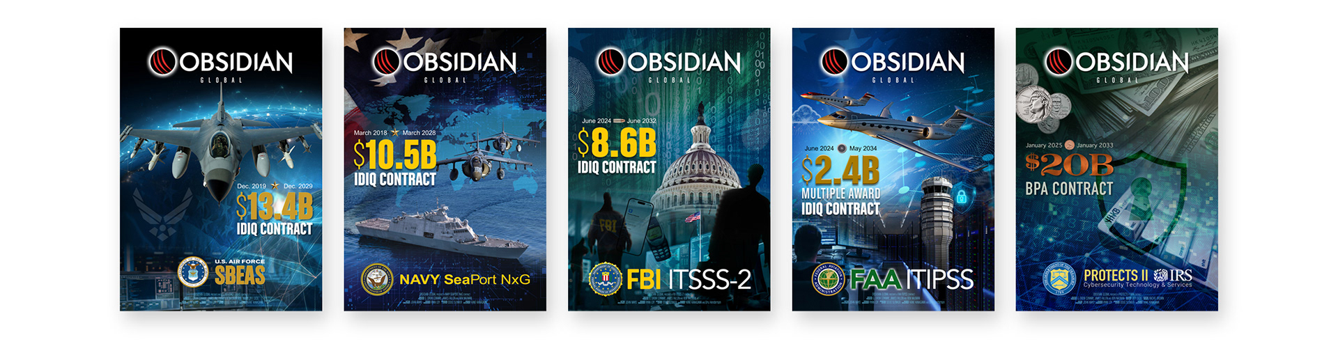 Five large-format contract award posters designed by Starr Creative for Obsidian Global, featuring the U.S. Air Force, Navy, FBI, FAA, and Department of the Treasury with agency-specific imagery, contract values, and bold graphic design.