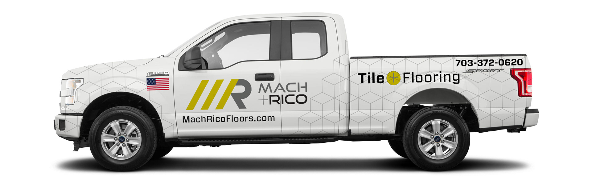 Mach + Rico Ford F-150 vehicle wrap featuring the redesigned brand identity.