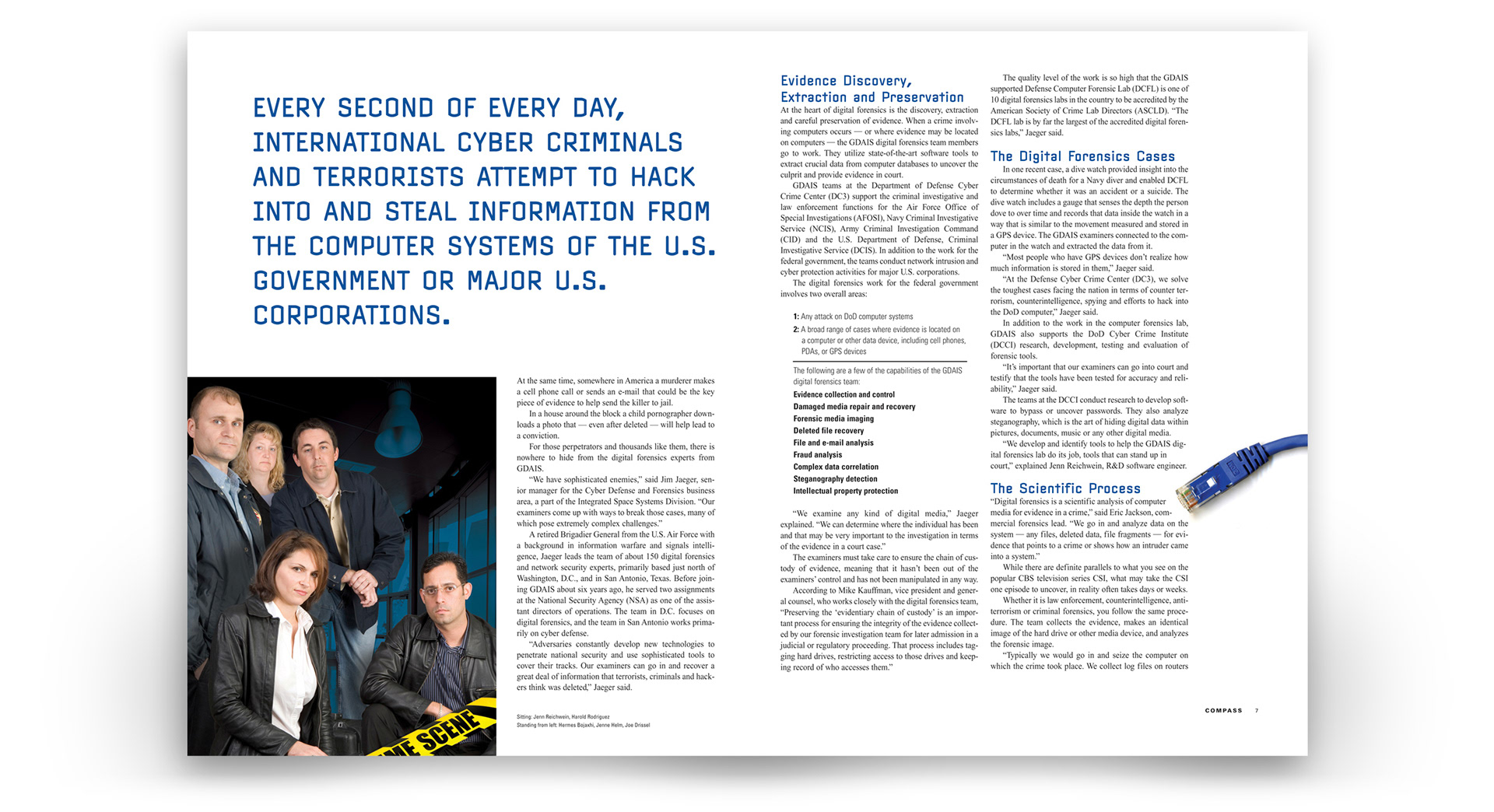 General Dynamics Compass editorial spread about digital forensics, cyber crime investigations, and evidence preservation.