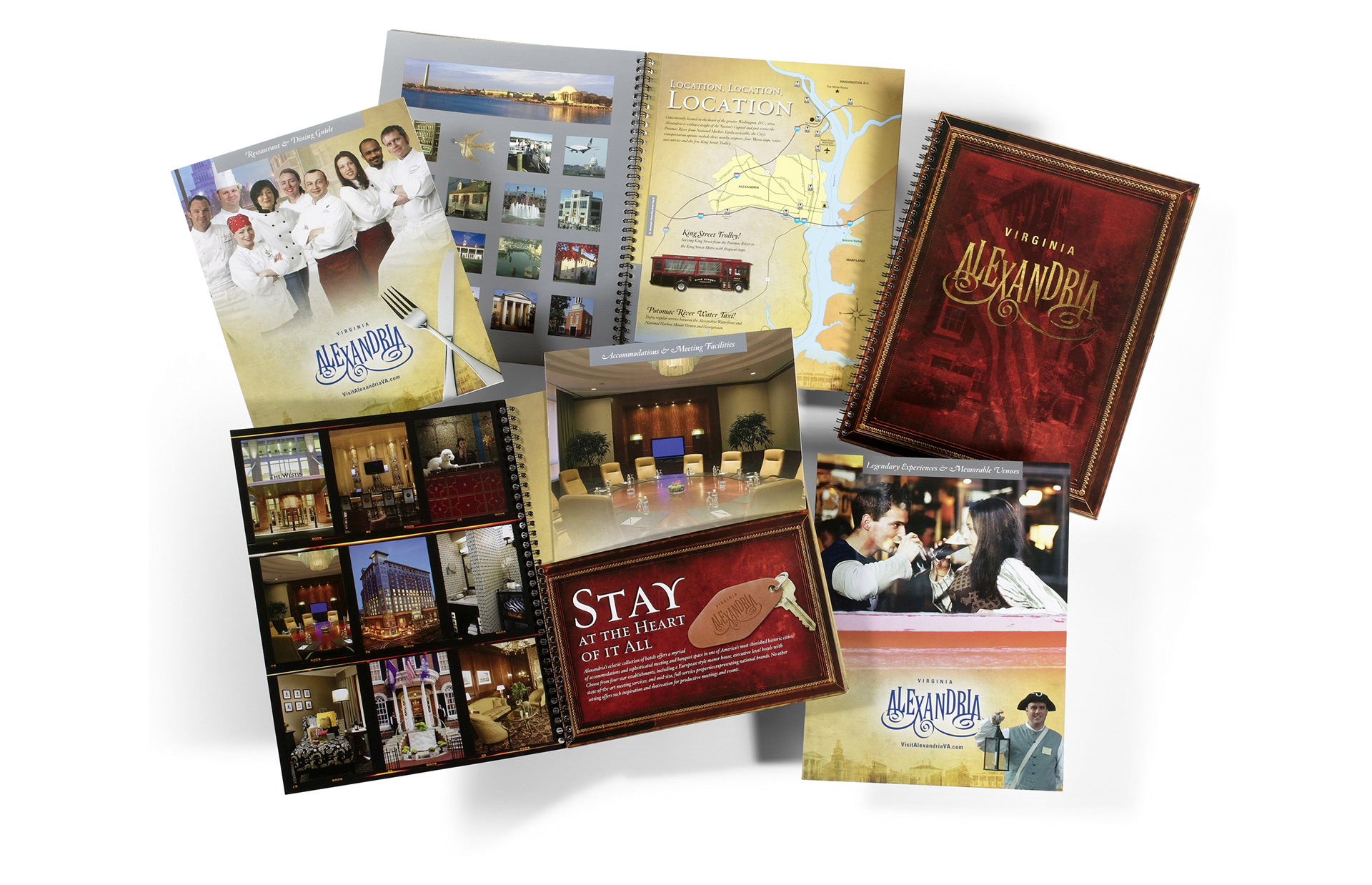 Alexandria Convention & Visitors Association promotional guide featuring attractions, hotels, restaurants, meeting venues, maps, and visitor experiences.