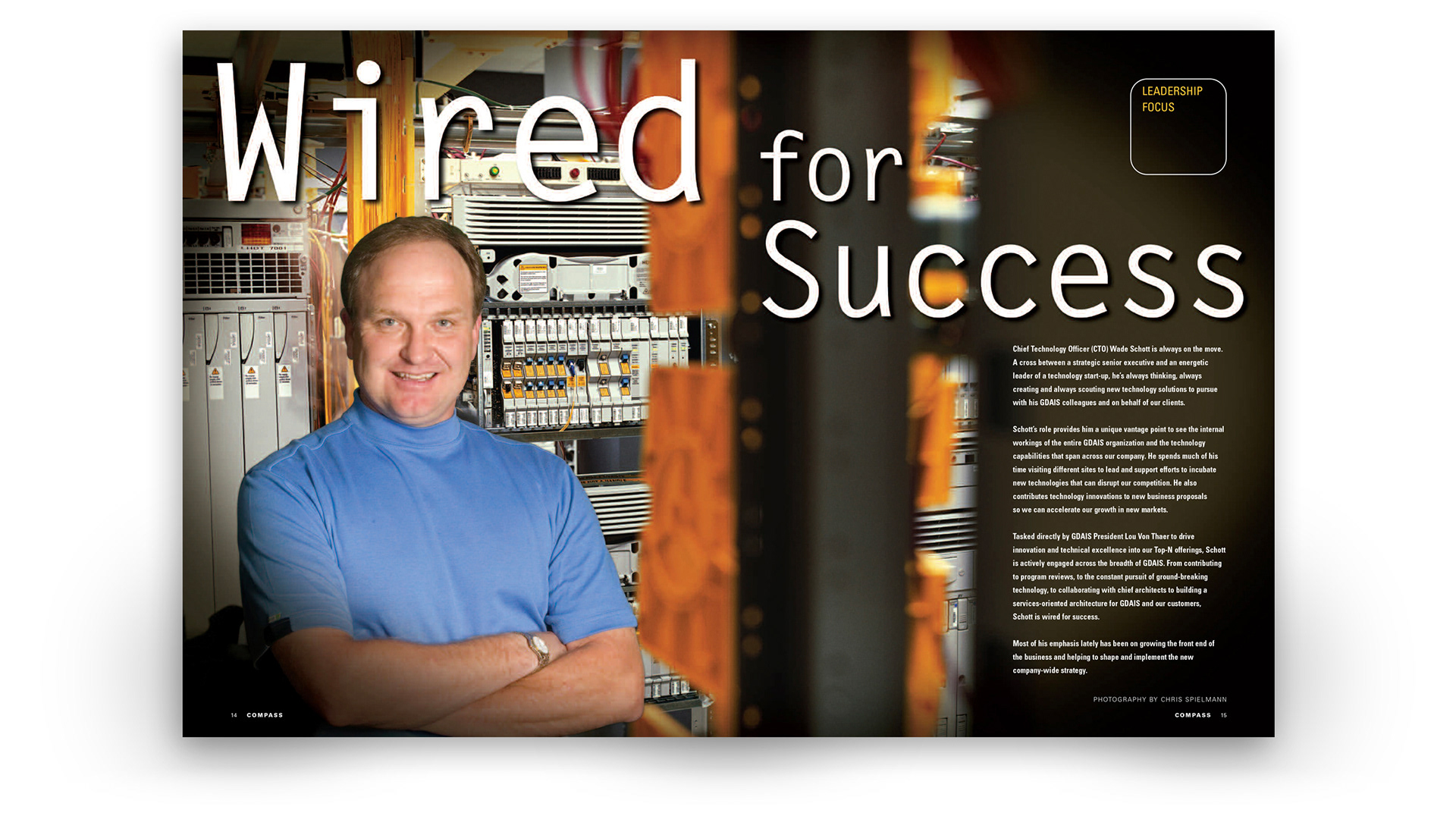 General Dynamics Compass leadership feature spread, ‘Wired for Success,’ combining executive photography with technology imagery.