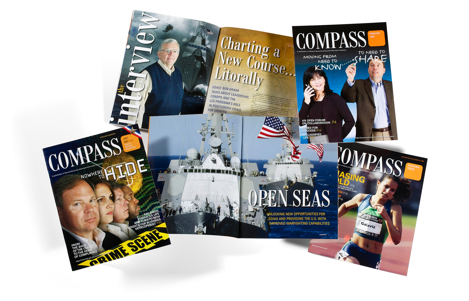 For the General Dynamics Compass page, I’d give each image its own alt text rather than repeating a generic description. 1. Magazine overview: “General Dynamics Compass employee magazine covers and editorial spreads designed for General Dynamics Advanced Information Systems.