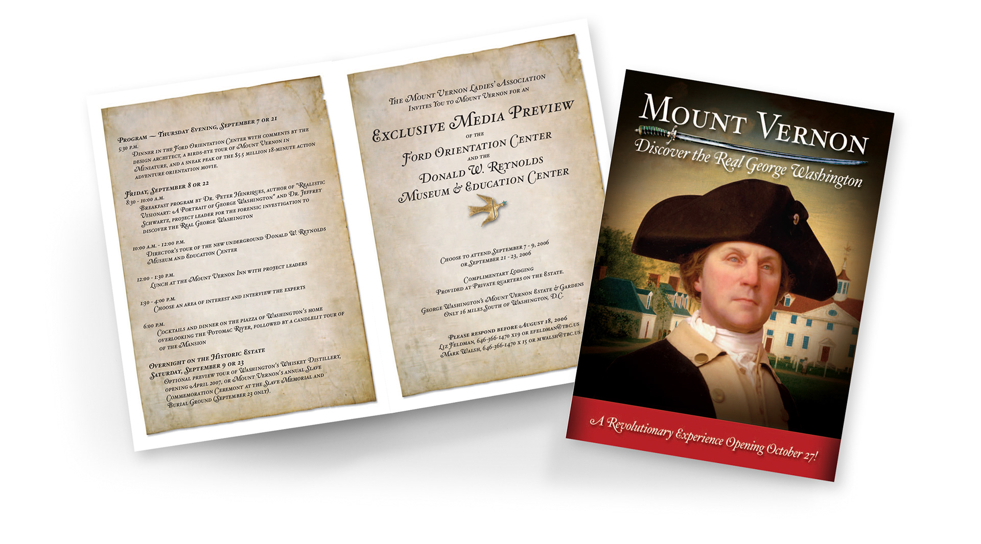 George Washington’s Mount Vernon media preview mailer announcing the grand opening of the Ford Orientation Center and Donald W. Reynolds Museum and Education Center, with three-day event program.
