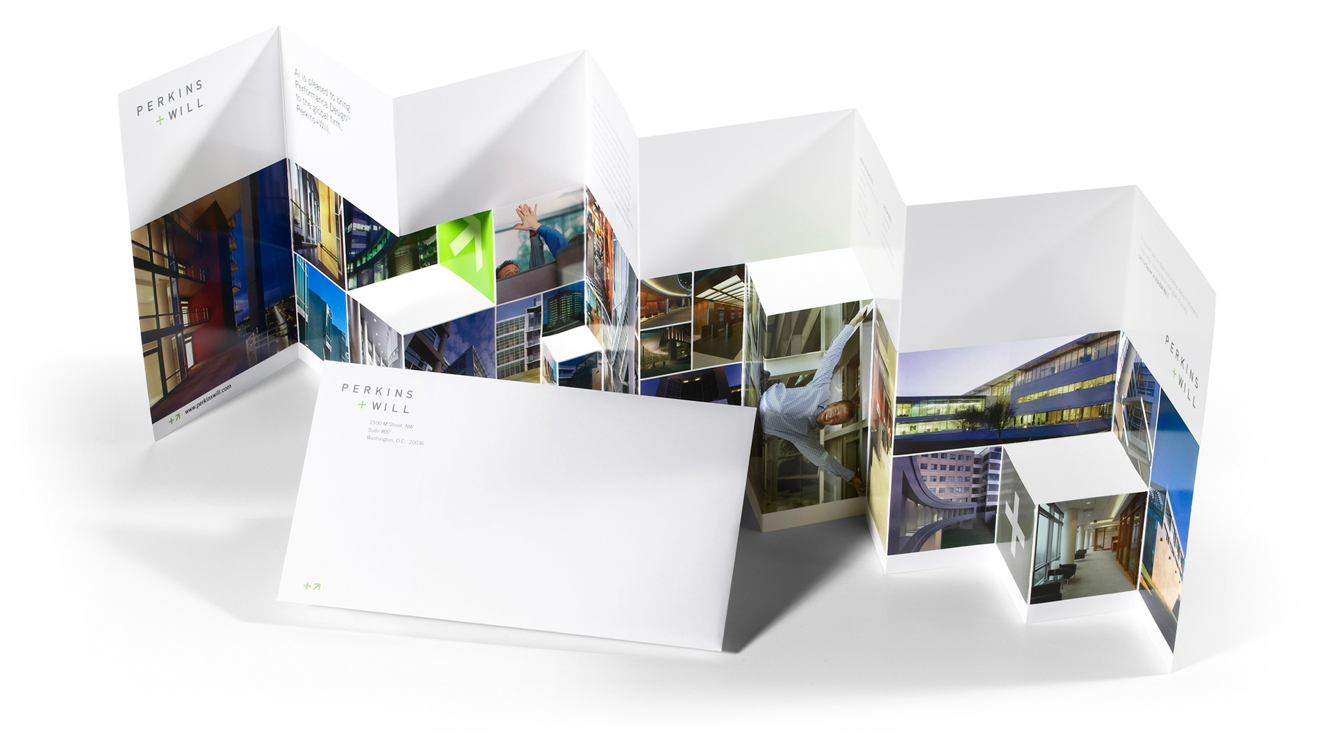 Perkins+Will accordion-fold direct mailer announcing its acquisition of Ai, a Washington, DC architecture and interior design practice.