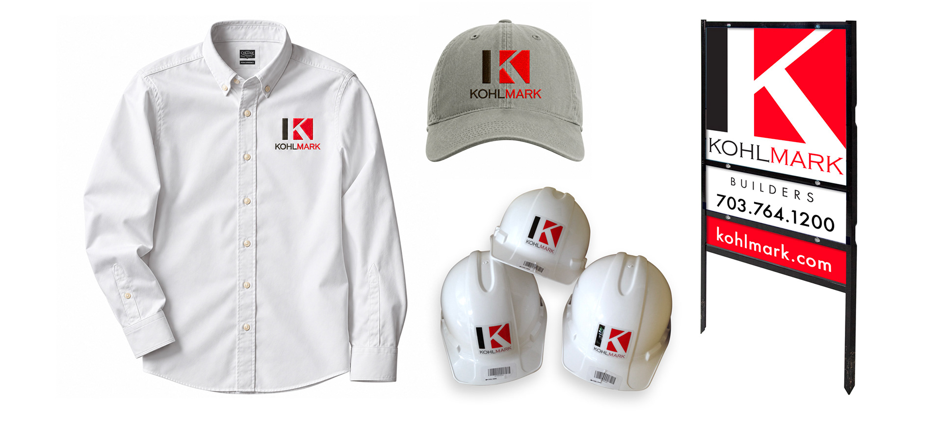 Kohlmark Group branded apparel, hard hats, and job site signage featuring the company’s architecture and builder identity.