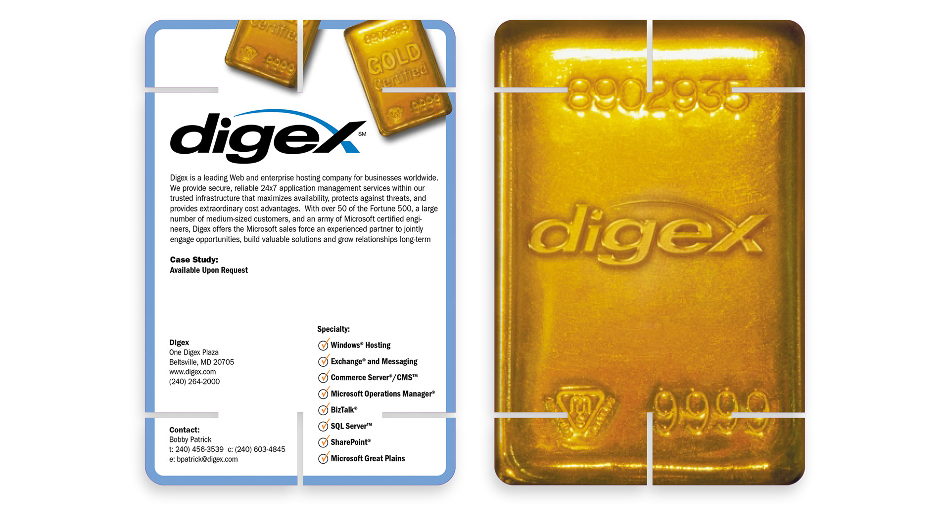 Microsoft Gold Certified Partner interlocking profile card for Digex with custom gold bar reverse.