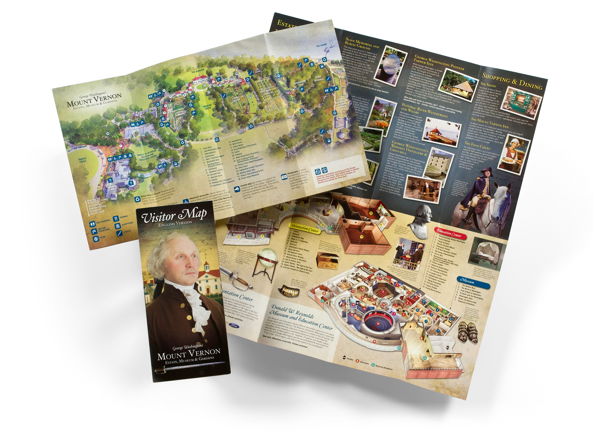 George Washington’s Mount Vernon visitor map for the estate, museum and gardens, highlighting the Ford Orientation Center, Donald W. Reynolds Museum and Education Center, historic sites, and visitor amenities.