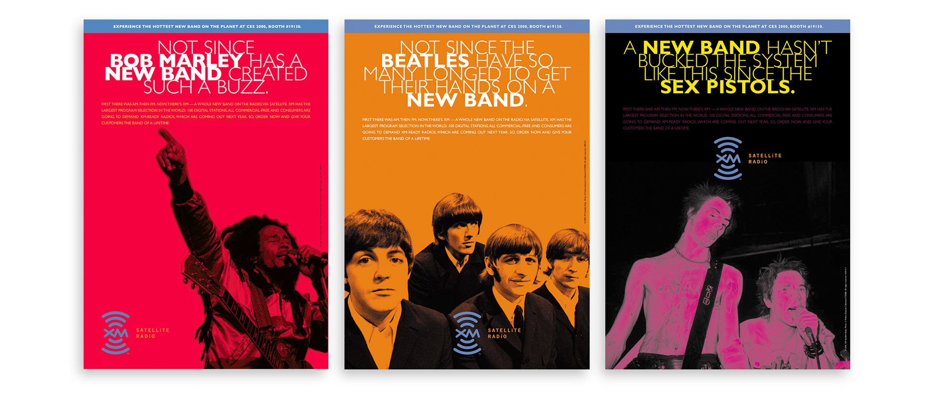 XM Satellite Radio CES 2000 advertising campaign featuring Bob Marley, The Beatles, and the Sex Pistols in a series of music-focused print ads.