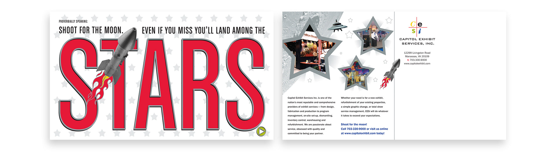 CESI Proverbially Speaking direct mailer featuring the Shoot for the Moon campaign concept and exhibition services messaging.