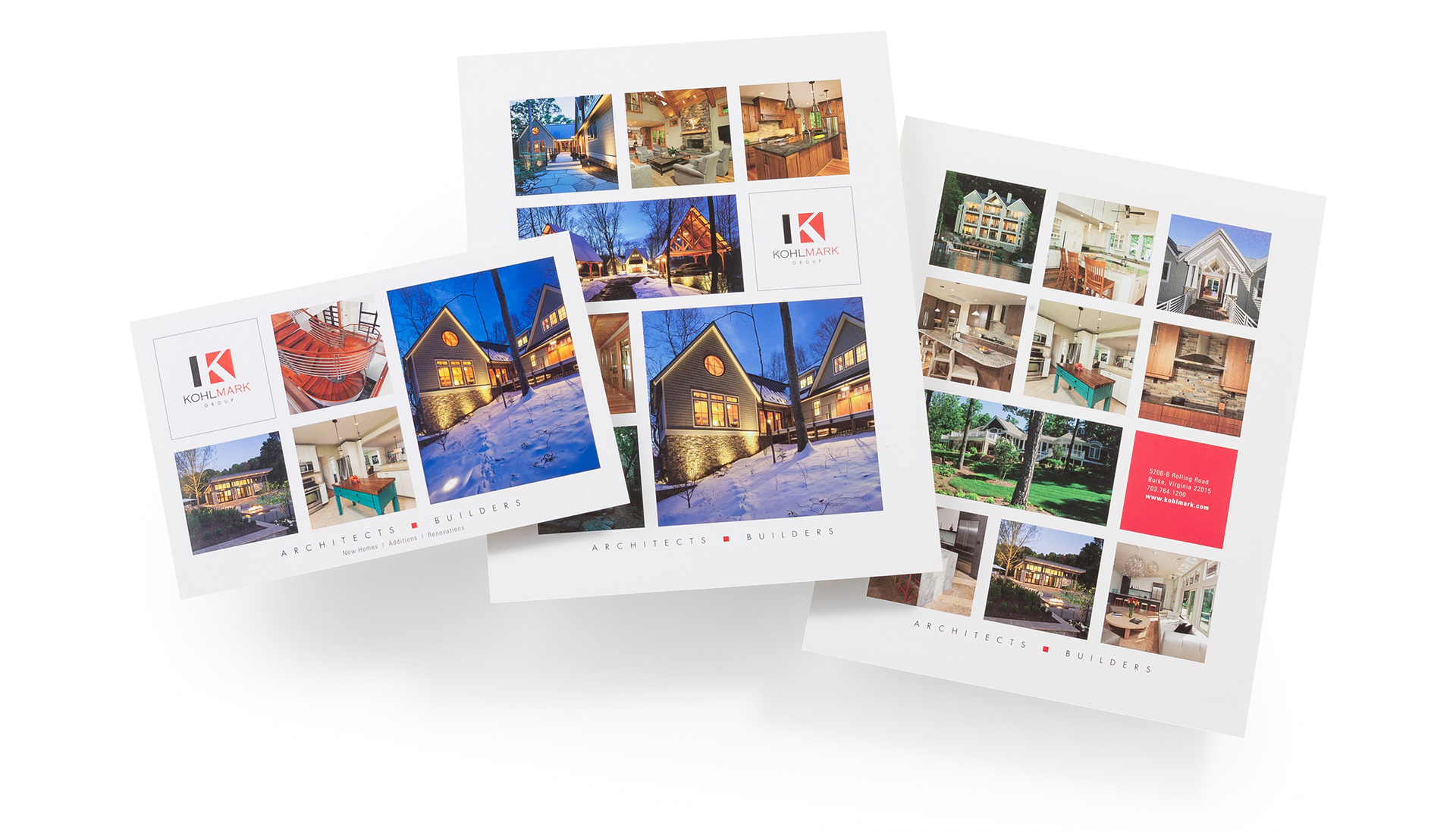 Kohlmark Group two-sided sales and marketing collateral featuring residential architecture, renovation, and custom home projects.