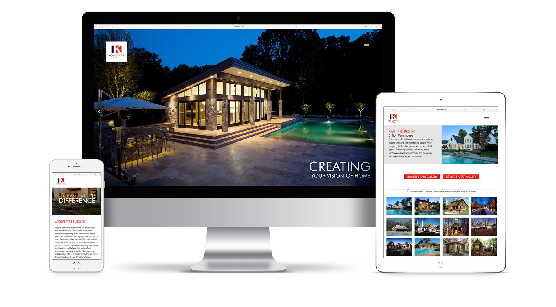 Kohlmark Group responsive website design showcasing custom homes, additions, renovations, and residential architecture across desktop, tablet, and mobile.