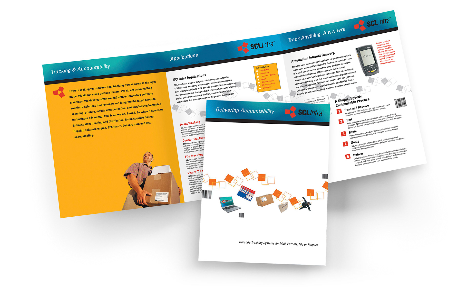 SCL Intra tri-fold brochure promoting barcode tracking and internal delivery software.