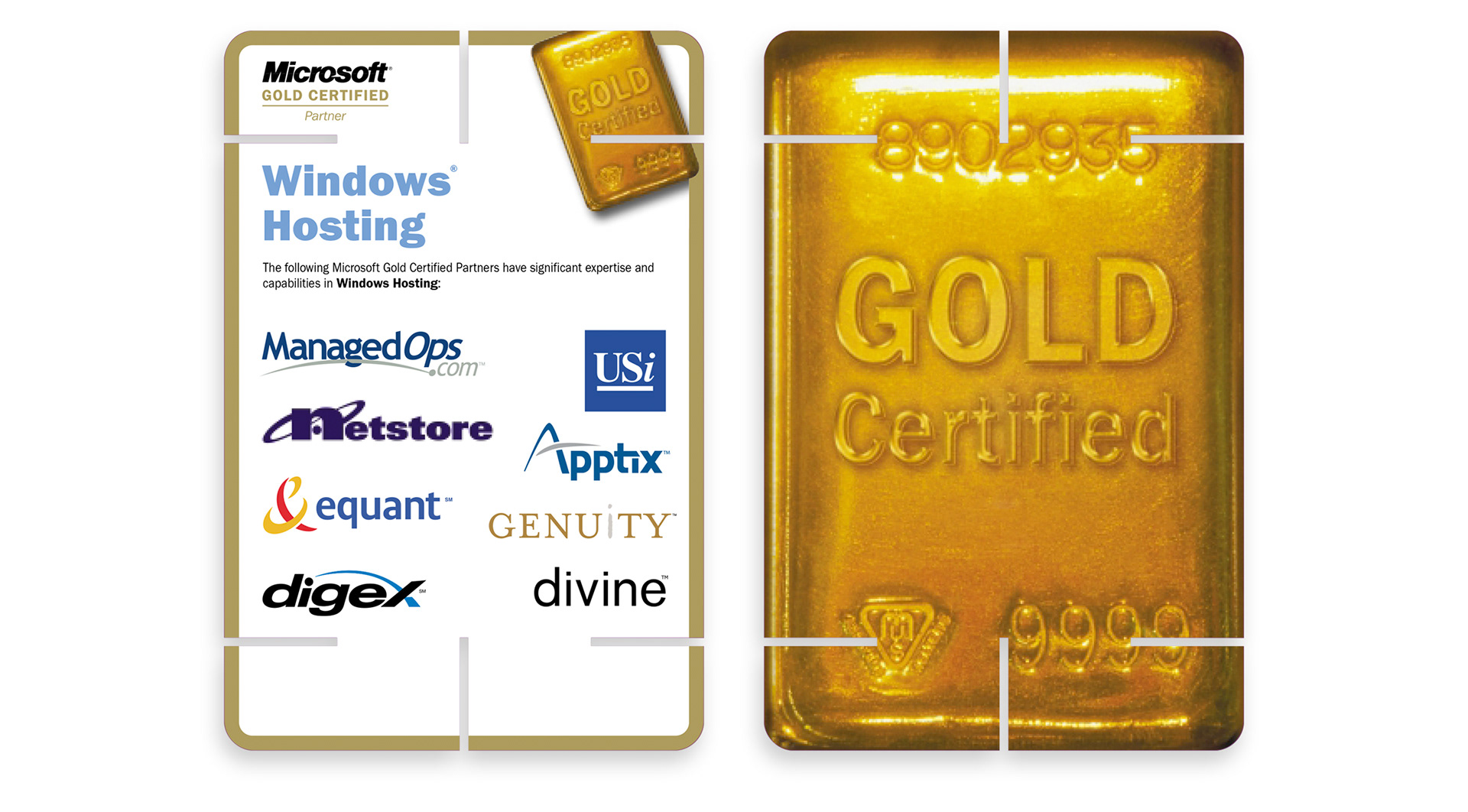Microsoft Gold Certified Partner interlocking card featuring Windows Hosting providers and gold bar reverse.