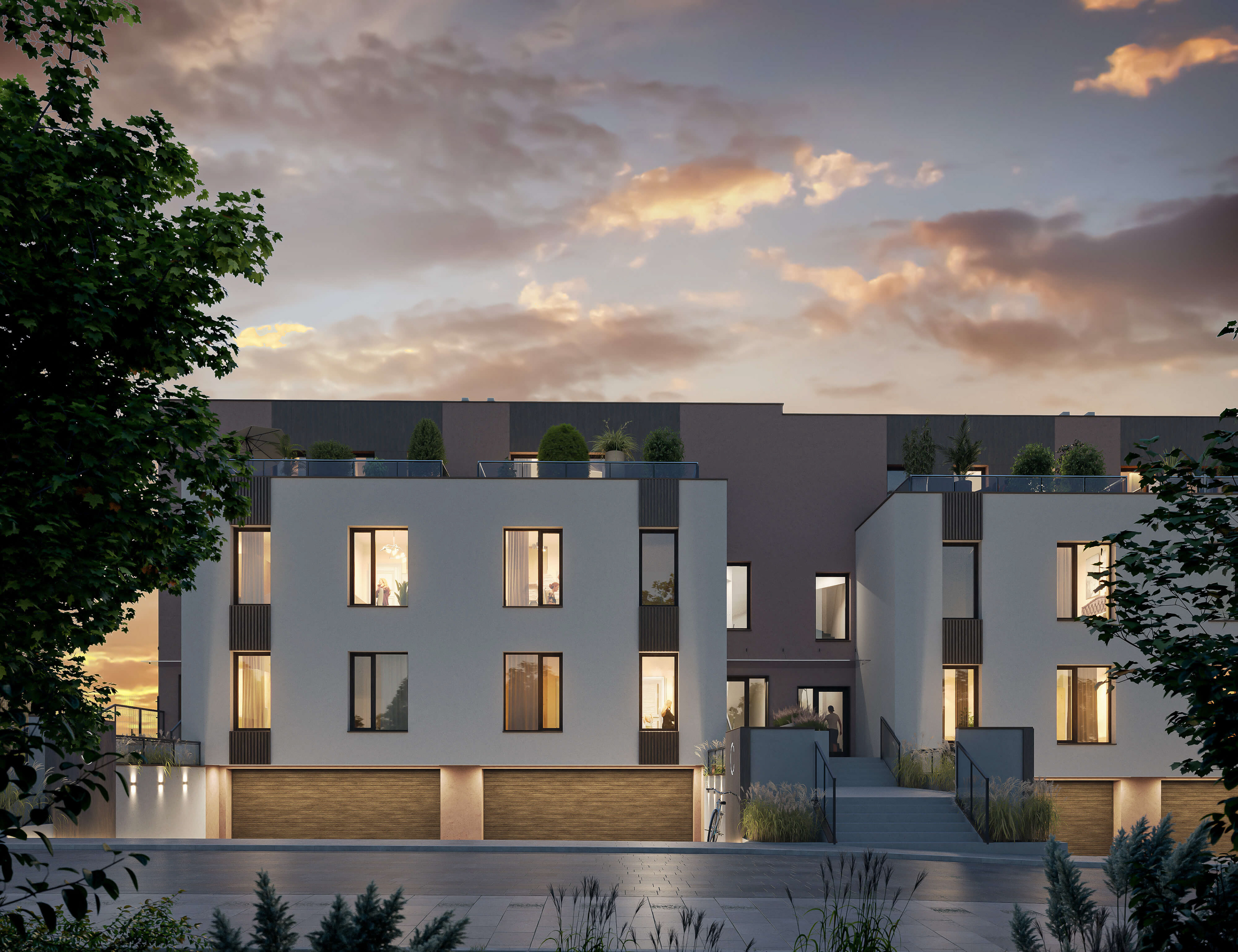 Wieczory kadr dla Osiedle Dębowe Zacisze Gliwice, nowoczesne apartamenty z tarasami i ogrodami, Archviz Nexx Developer - wizualizacja 3D