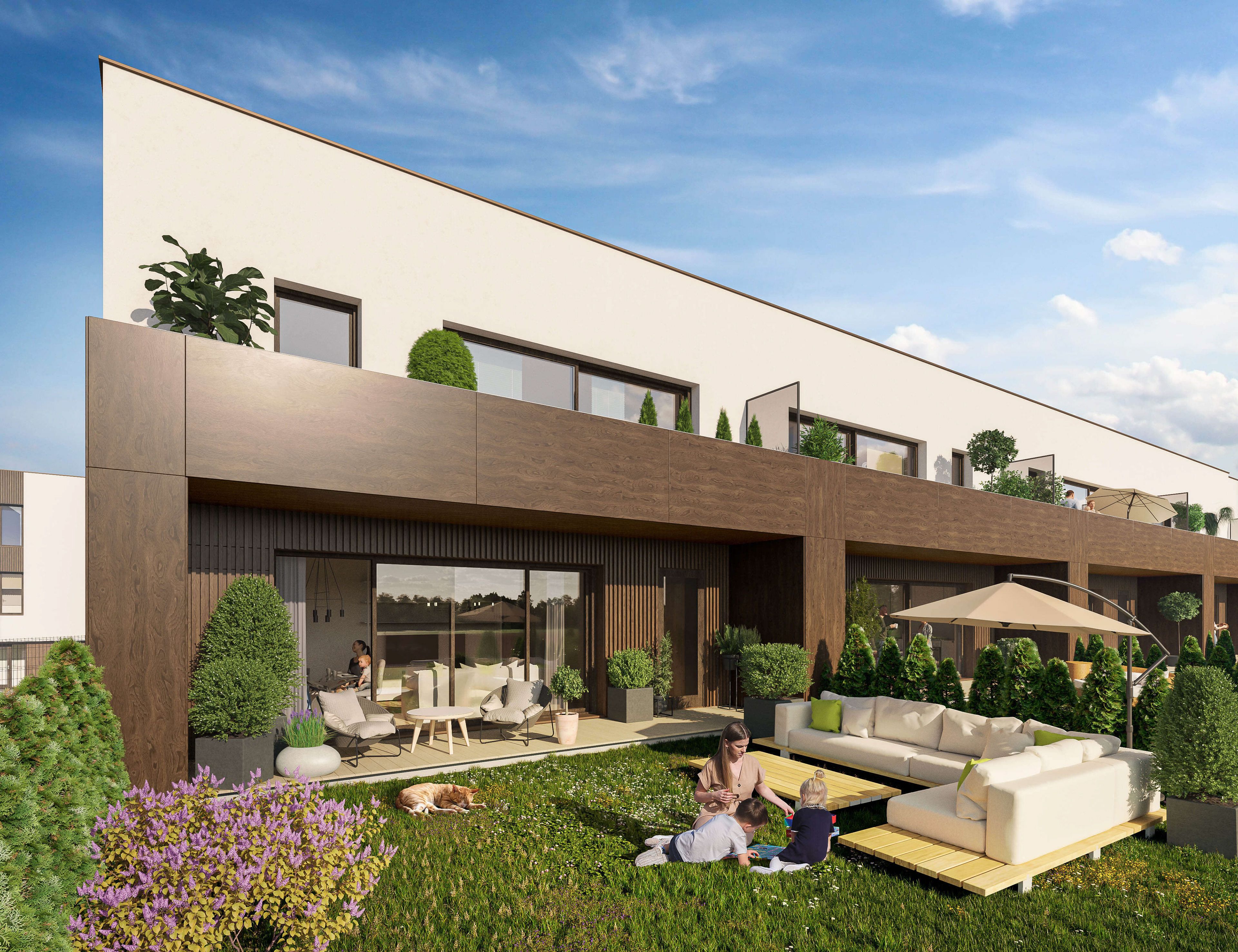 Osiedle Dębowe Zacisze Gliwice, nowoczesne apartamenty z tarasami i ogrodami, Nexx Developer - wizualizacja architektury z ogródkiem