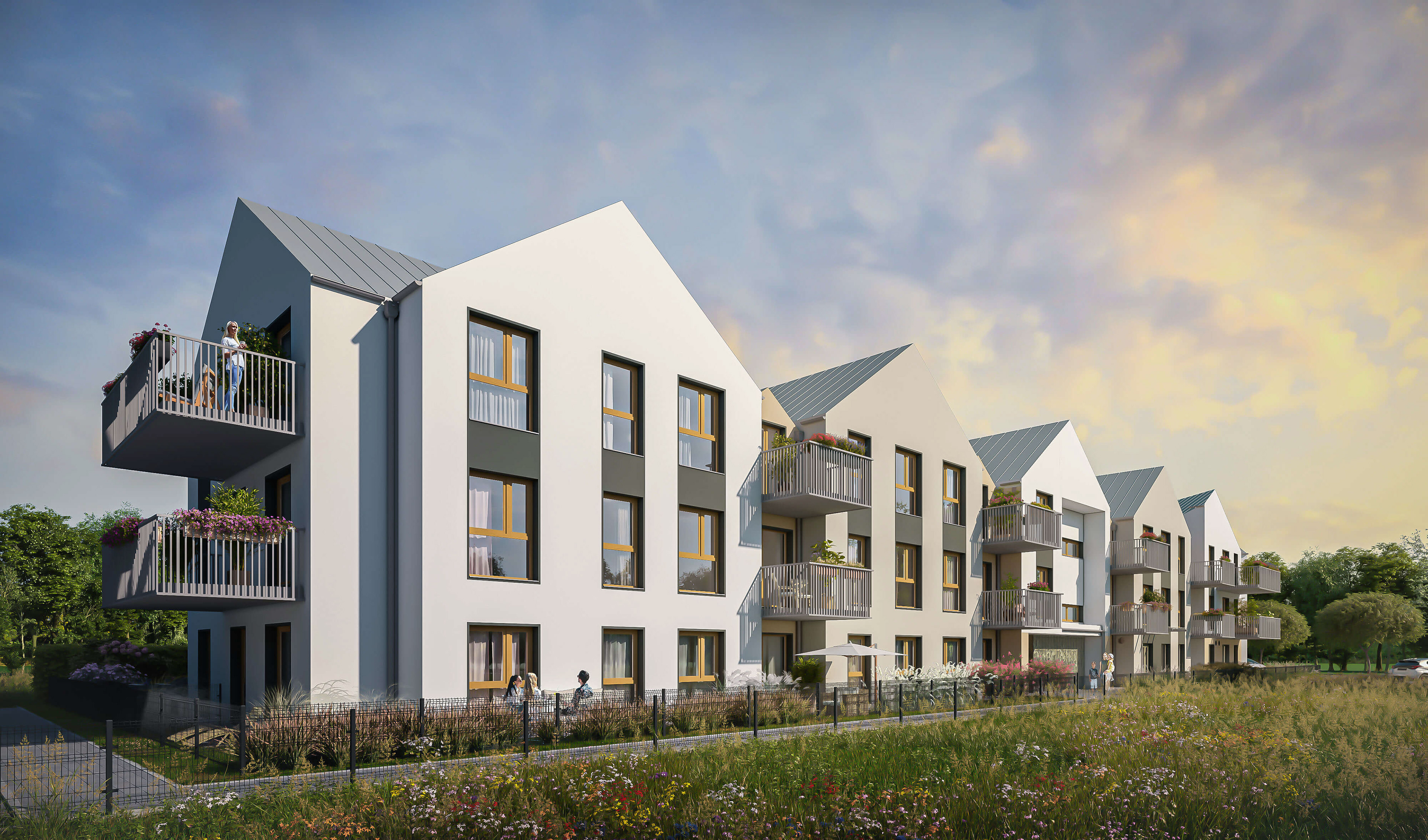 Kamieniczki za Strugą Rumia wizualizacja architektury budynku mieszkalnego, realizacja deweloper Targo S.A. - klimat zmierzchu