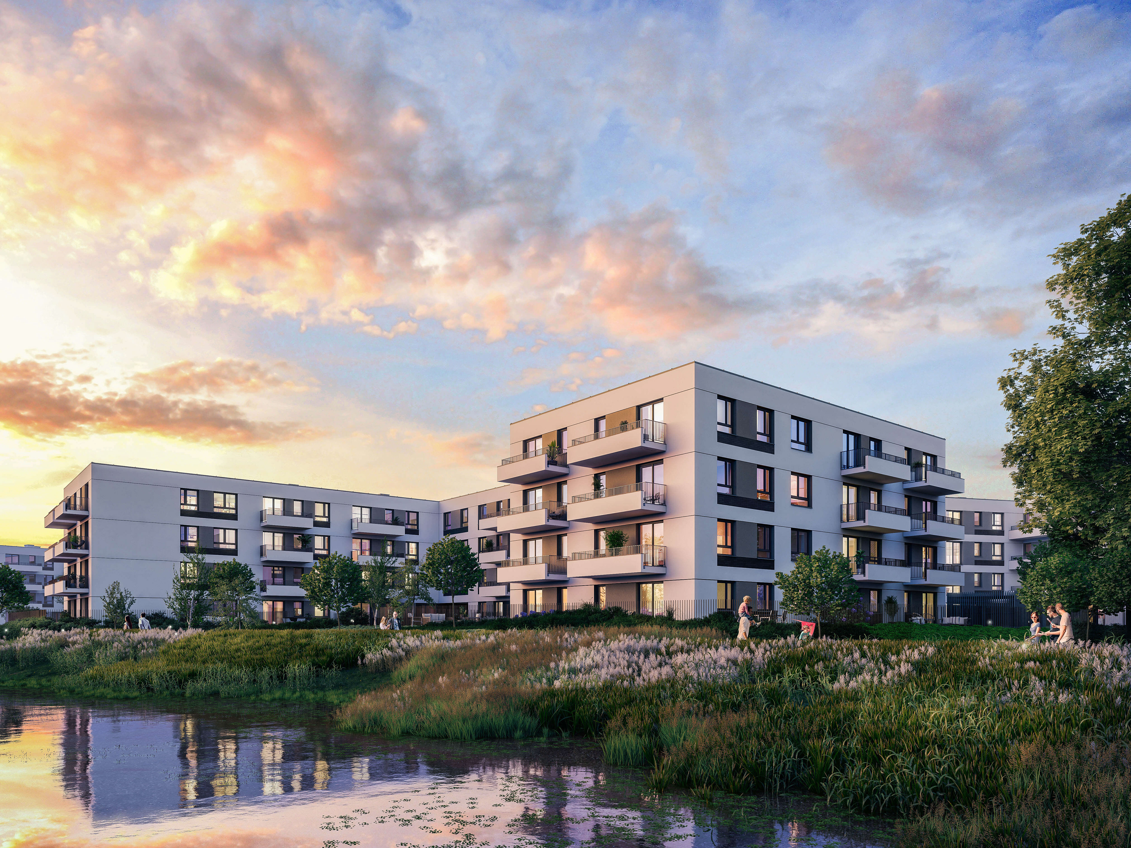Osiedle Idea Radom – wizualizacja dwóch budynków wielorodzinnych dla Unidevelopment S.A., widok na osiedle przy stawie