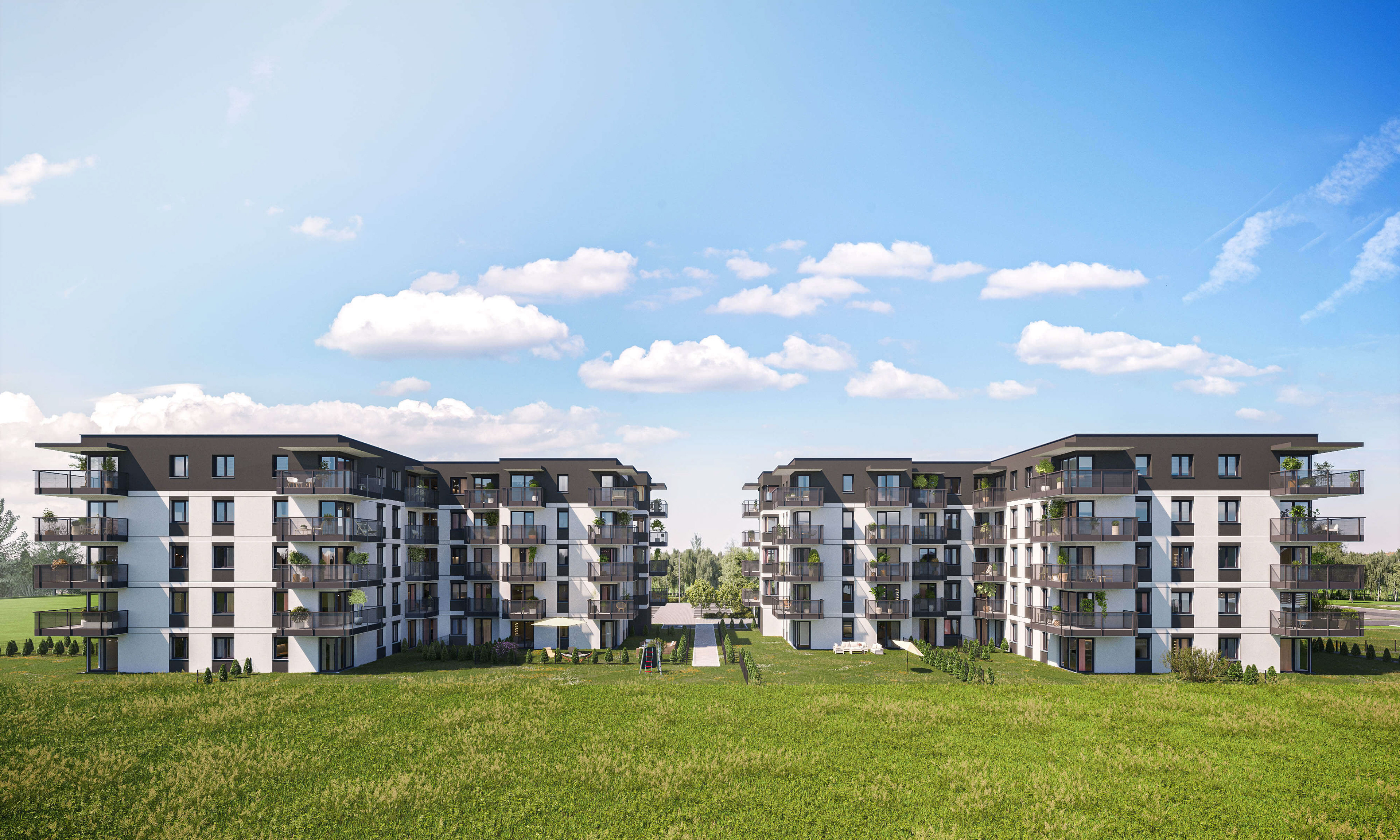 Zabrze osiedle Grzybowice – fotorealistyczna wizualizacja deweloperska, Dom100 - kadr od frontu