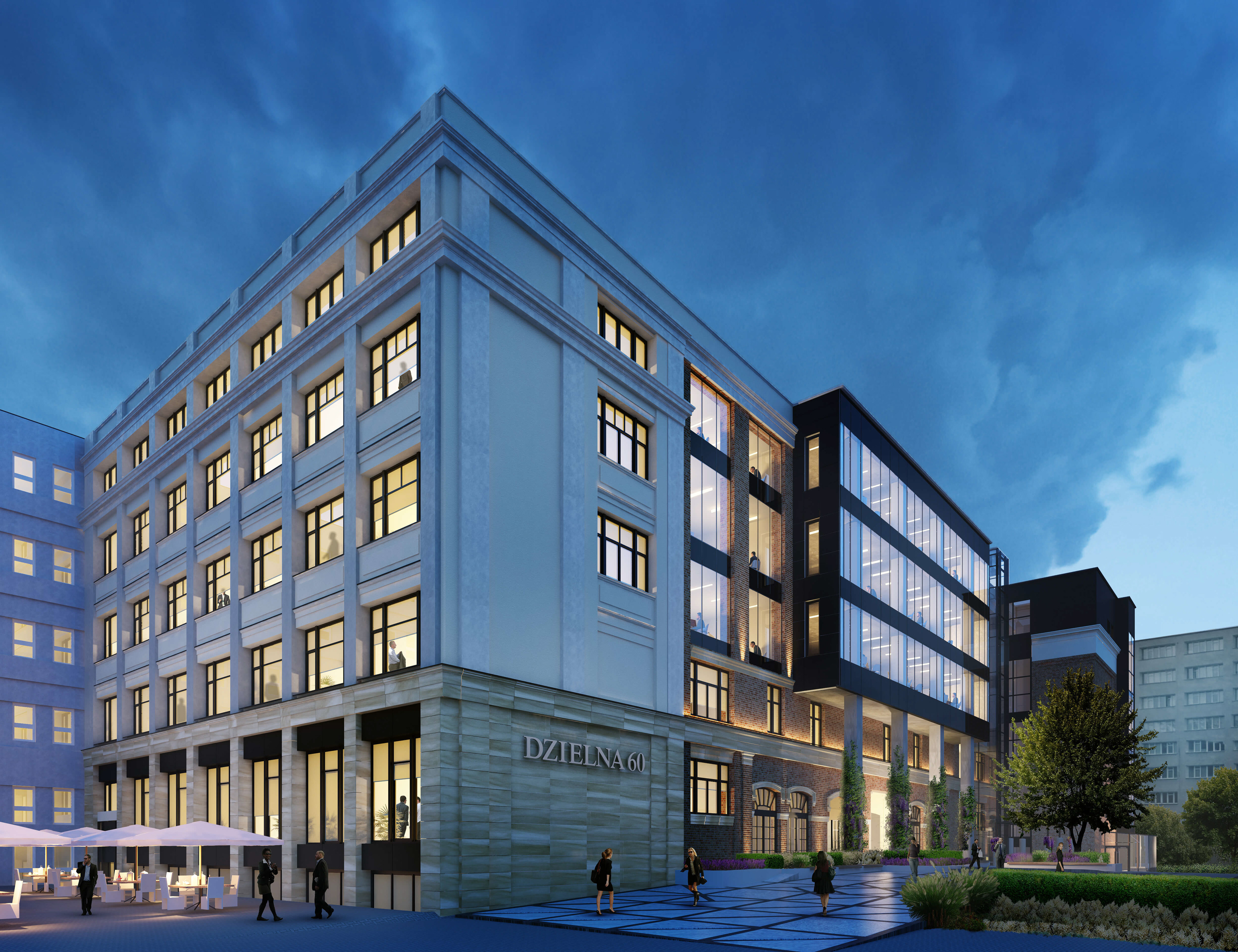 Fotorealistyczna wizualizacja biurowca Dzielna 60 w Warszawie, ujęcie nocne elewacji dla Ochnik Development