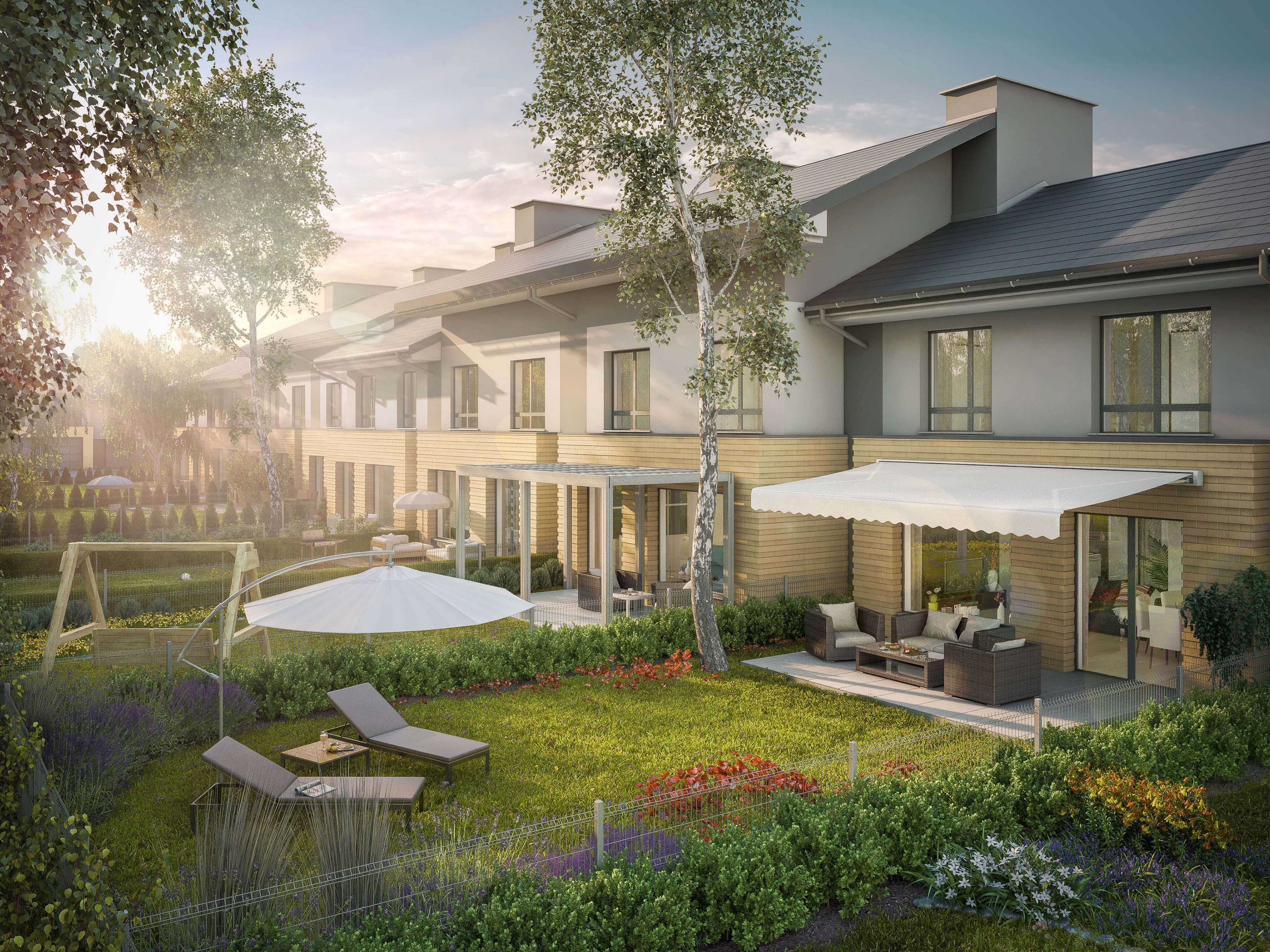 Projekt Triton Country Nadarzyn – wizualizacja zewnętrzna domów typu bliźniak, ujęcie od strony ogródków