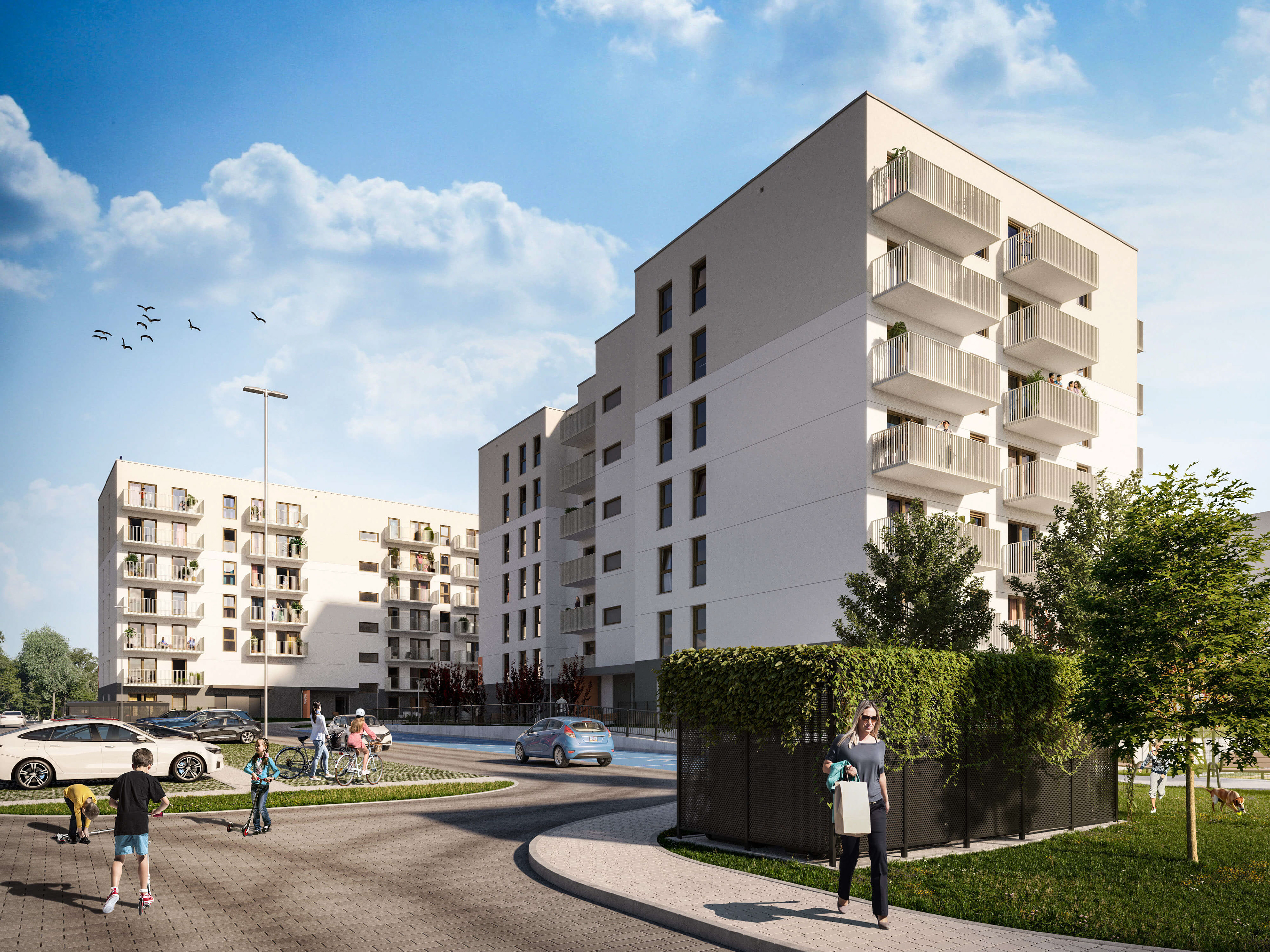 Osiedle Tkacka, Sulechów, wizualizacja architektoniczna dla Agrobex - parking - ujęcie dzienne